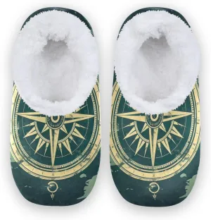 Vintage Compass Blue Fuzzy Memory Foam Closed Back Slippers for Women Men Knit Fleece Lined House Shoes with Anti-Skid Sole Warm Socks for Bedroom Hotel Indoor Outdoor