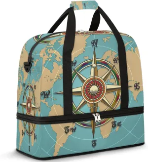 Vintage Compass Map Travel Duffle Bag, Large Sports Gym Bag with Shoe Compartment, Carry on Tote Bag, Foldable Weekender Overnight Bag for Women Men