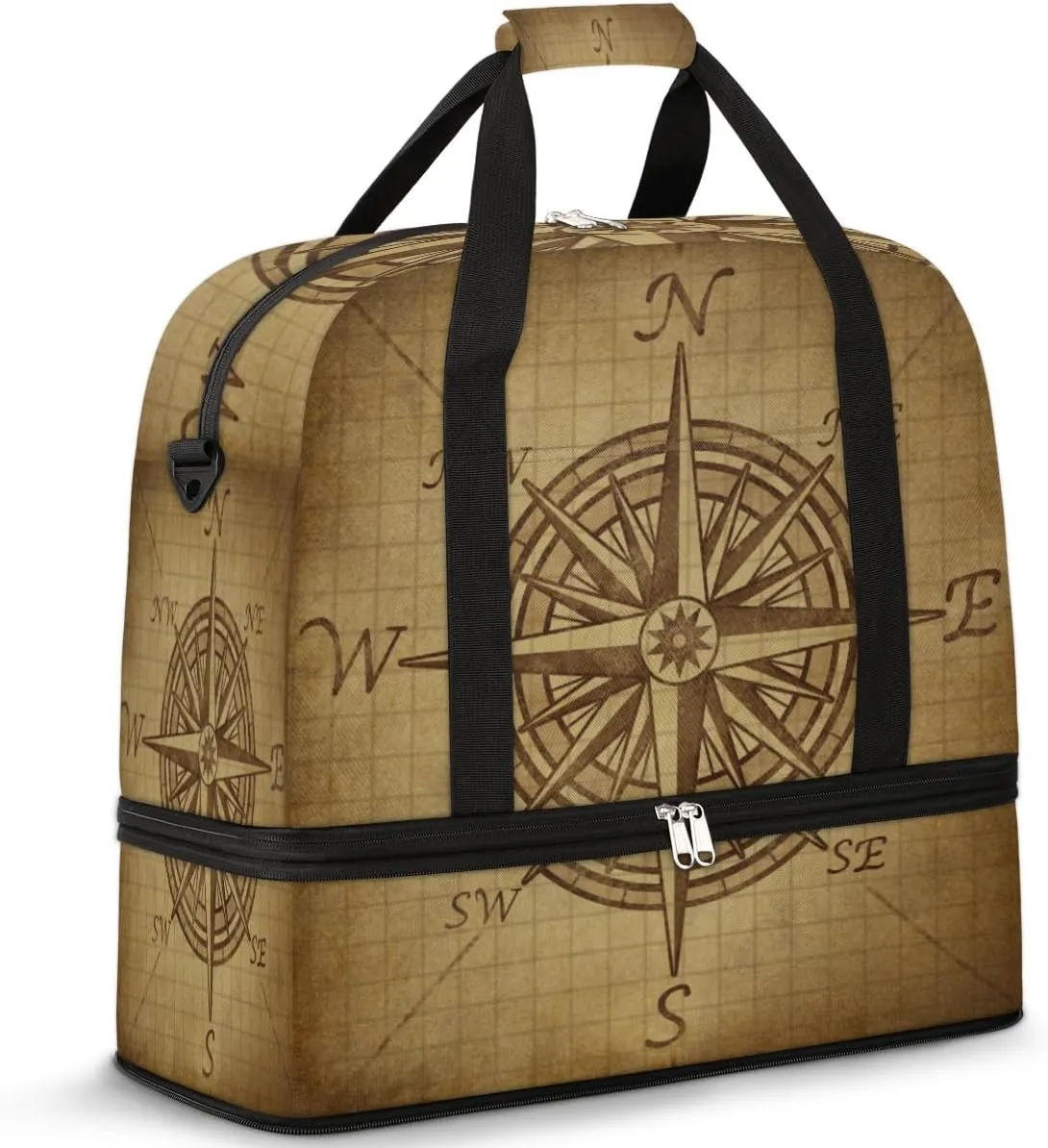 Vintage Compass Travel Duffle Bag, Large Sports Gym Bag with Shoe Compartment, Carry on Tote Bag, Foldable Weekender Overnight Bag for Women Men