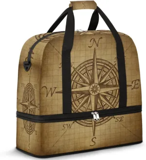 Vintage Compass Travel Duffle Bag, Large Sports Gym Bag with Shoe Compartment, Carry on Tote Bag, Foldable Weekender Overnight Bag for Women Men