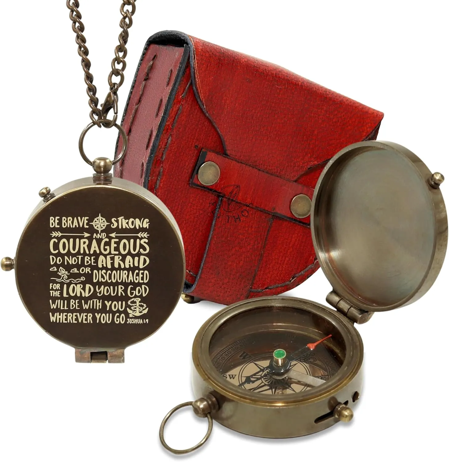 Vintage Handmade Brass Engraved Functional Compass with ''Be Strong & Courageous..Joshua 1:9"- Father's Day, Graduation Day, Baptism, First Communion, Retirement Gifts for Mens, Boys, Son