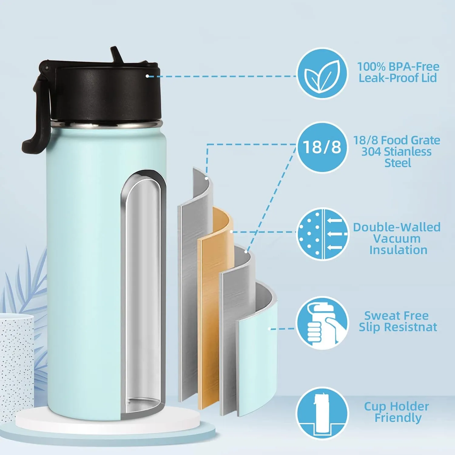 Volhoply 18oz Insulated Water Bottle Bulk 8 Pack,Kids Stainless Steel Water Bottles with Straw,Double Wall Vacuum Metal Cups Water Bottle,Wide Mouth Reusable Sport Flask for Cold Drink(Fog,8 Set)