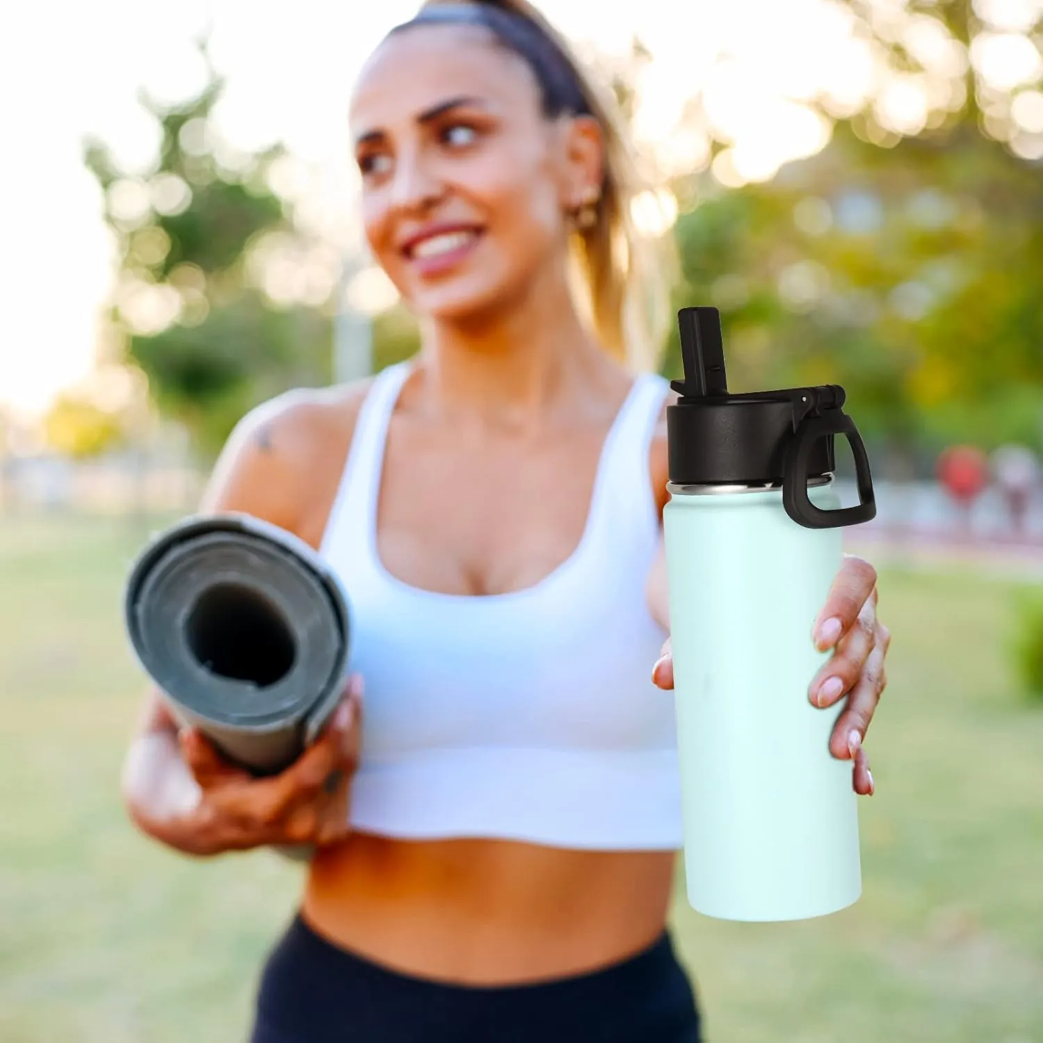 Volhoply 18oz Insulated Water Bottle Bulk 8 Pack,Kids Stainless Steel Water Bottles with Straw,Double Wall Vacuum Metal Cups Water Bottle,Wide Mouth Reusable Sport Flask for Cold Drink(Fog,8 Set)