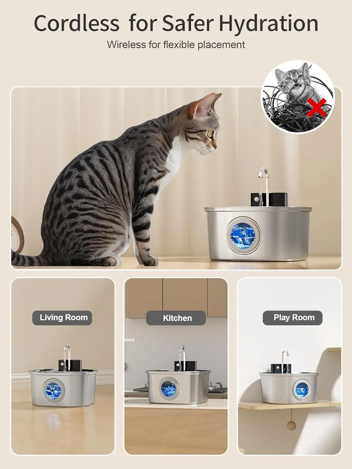 Voluas Stainless Steel Cat Water Fountain-Wireless Pet Water Fountain Battery Operated,108oz/3.2L, Automatic Water Dispenser for Dogs with Quiet Pump,Easy Clean BPA-Free for Cats, Dogs, Multiple Pets