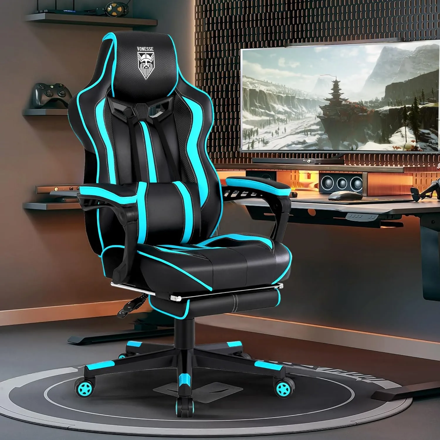 Vonesse Gaming Chair for Adults Gaming Chairs with Footrest Reclining Computer Chair for Heavy People Big and Tall Ergonomic Gamer Chair with Lumbar Pillow(Teal/Cyan)