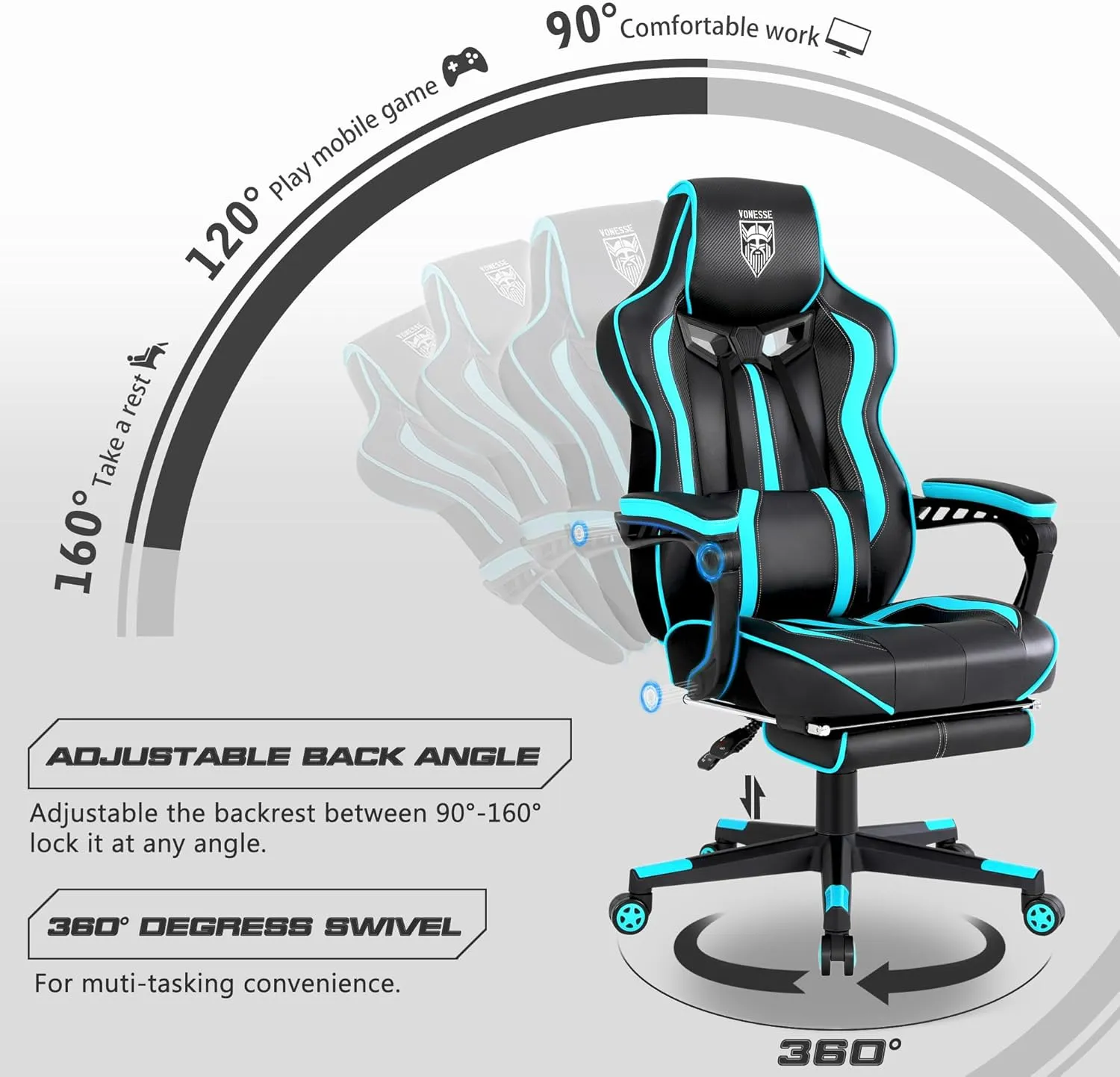 Vonesse Gaming Chair for Adults Gaming Chairs with Footrest Reclining Computer Chair for Heavy People Big and Tall Ergonomic Gamer Chair with Lumbar Pillow(Teal/Cyan)