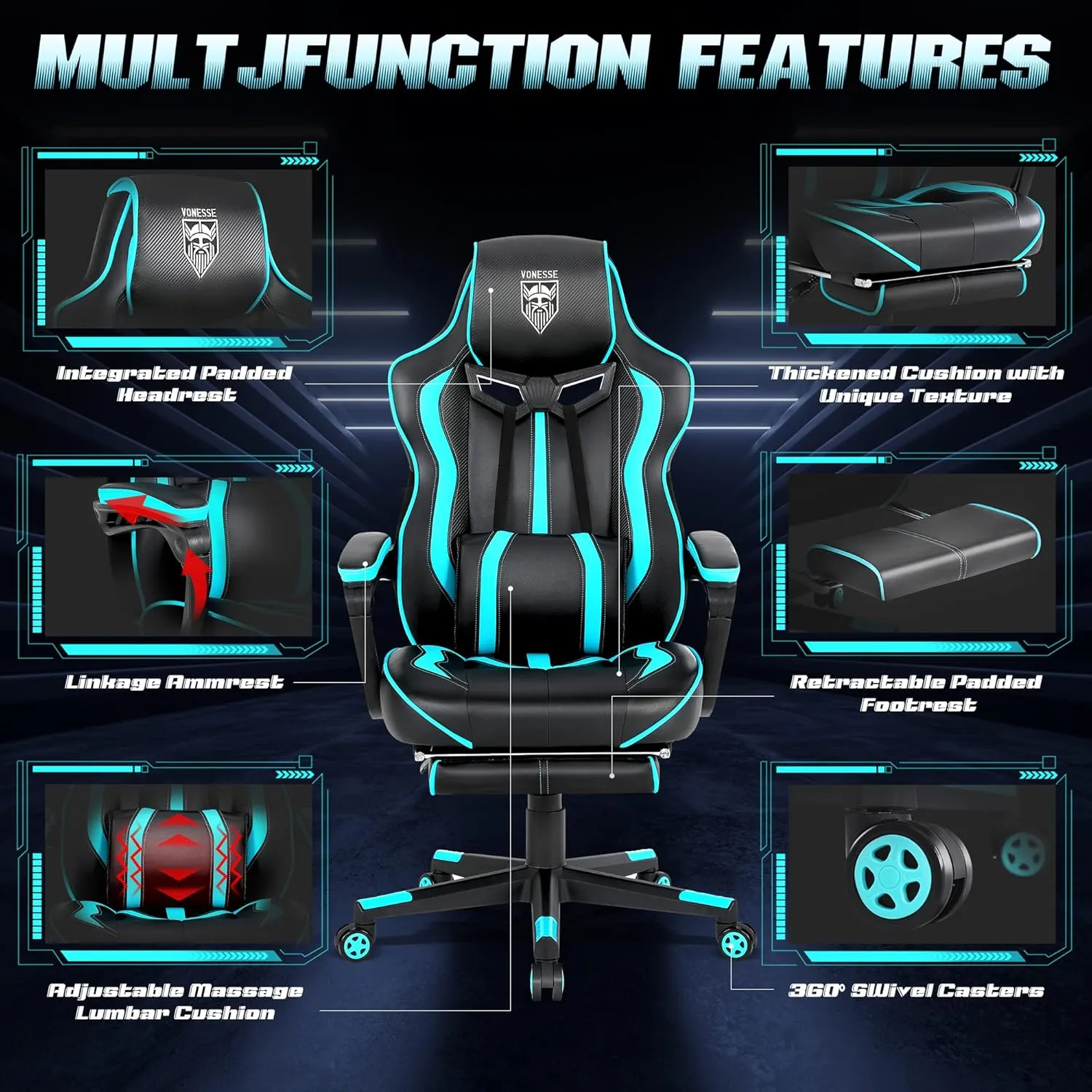 Vonesse Gaming Chair for Adults Gaming Chairs with Footrest Reclining Computer Chair for Heavy People Big and Tall Ergonomic Gamer Chair with Lumbar Pillow(Teal/Cyan)