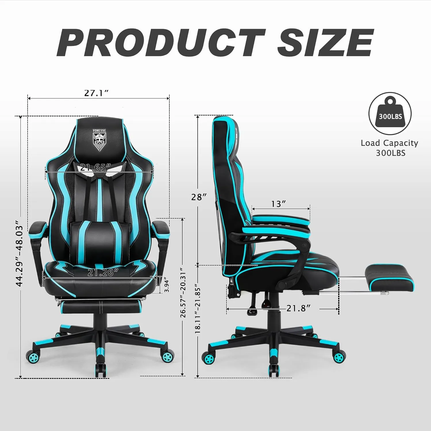 Vonesse Gaming Chair for Adults Gaming Chairs with Footrest Reclining Computer Chair for Heavy People Big and Tall Ergonomic Gamer Chair with Lumbar Pillow(Teal/Cyan)