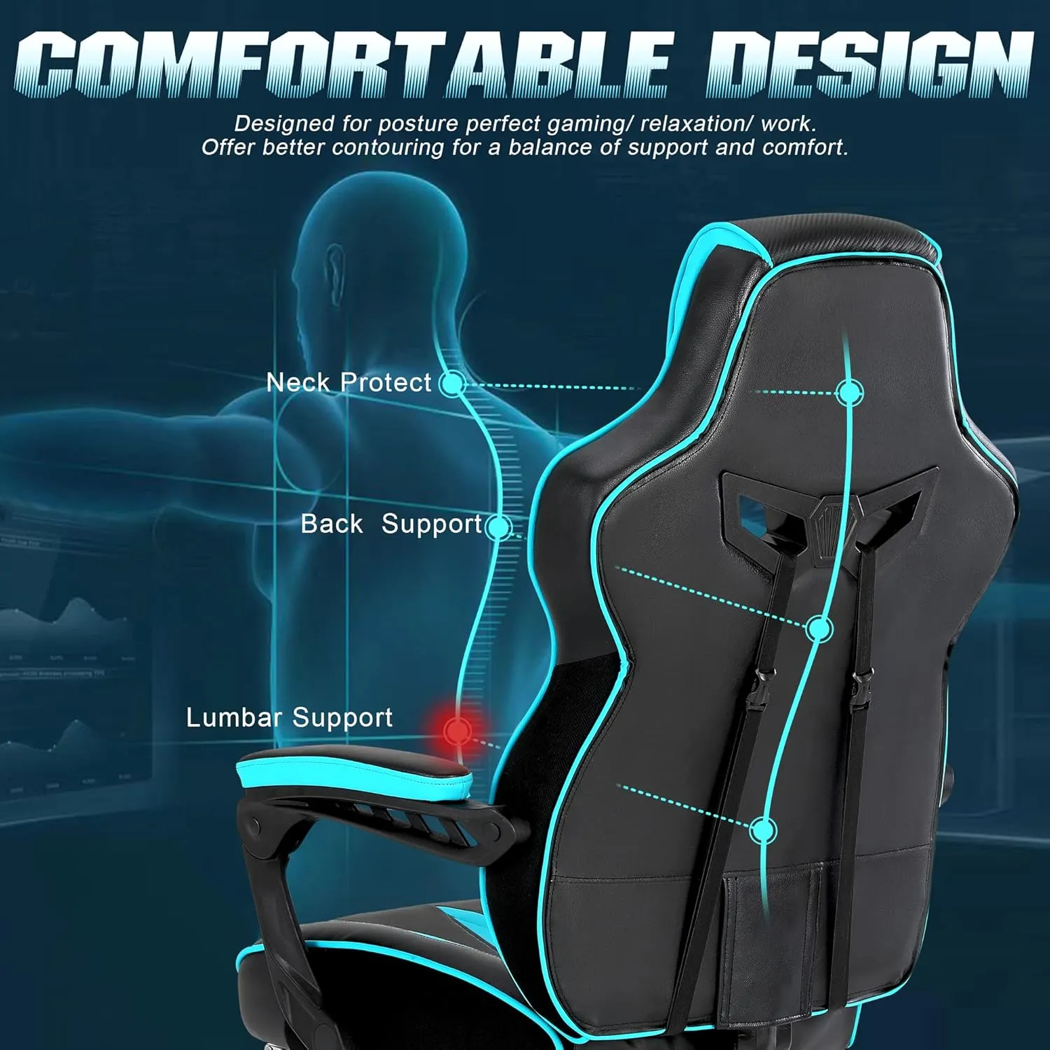 Vonesse Gaming Chair for Adults Gaming Chairs with Footrest Reclining Computer Chair for Heavy People Big and Tall Ergonomic Gamer Chair with Lumbar Pillow(Teal/Cyan)