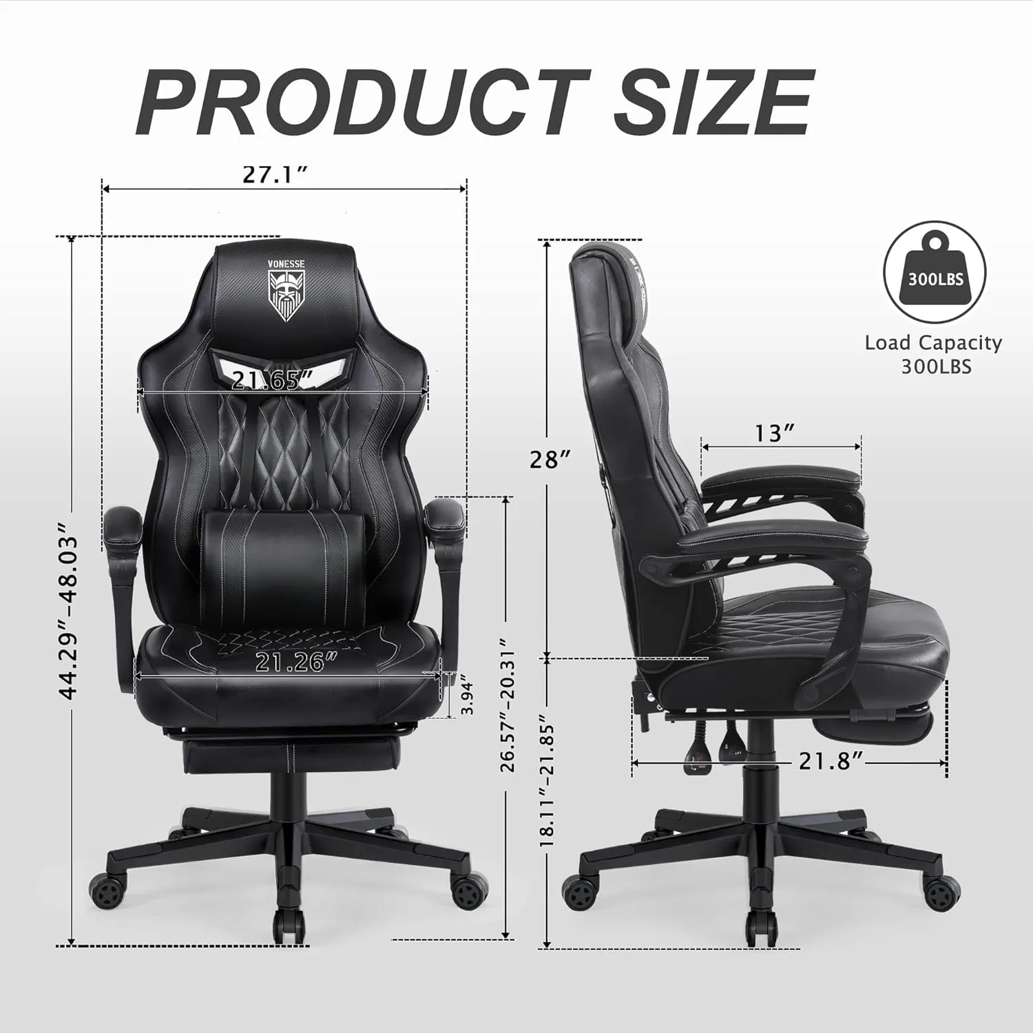 Vonesse Gaming Chair for Adults Gaming Chairs with Footrest Reclining Computer Gaming Chair for Heavy People Ergonomic Gamer Chair Big and Tall (Black)