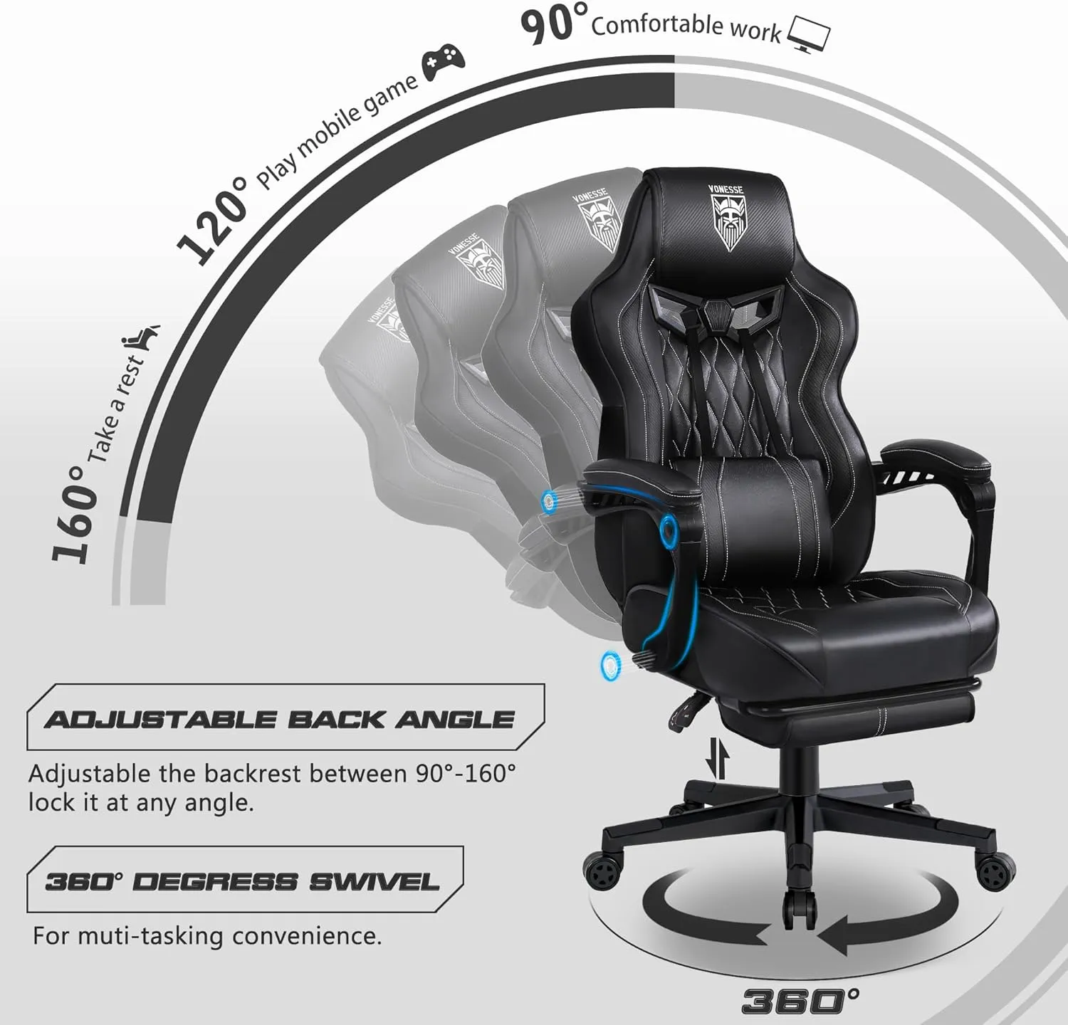 Vonesse Gaming Chair for Adults Gaming Chairs with Footrest Reclining Computer Gaming Chair for Heavy People Ergonomic Gamer Chair Big and Tall (Black)