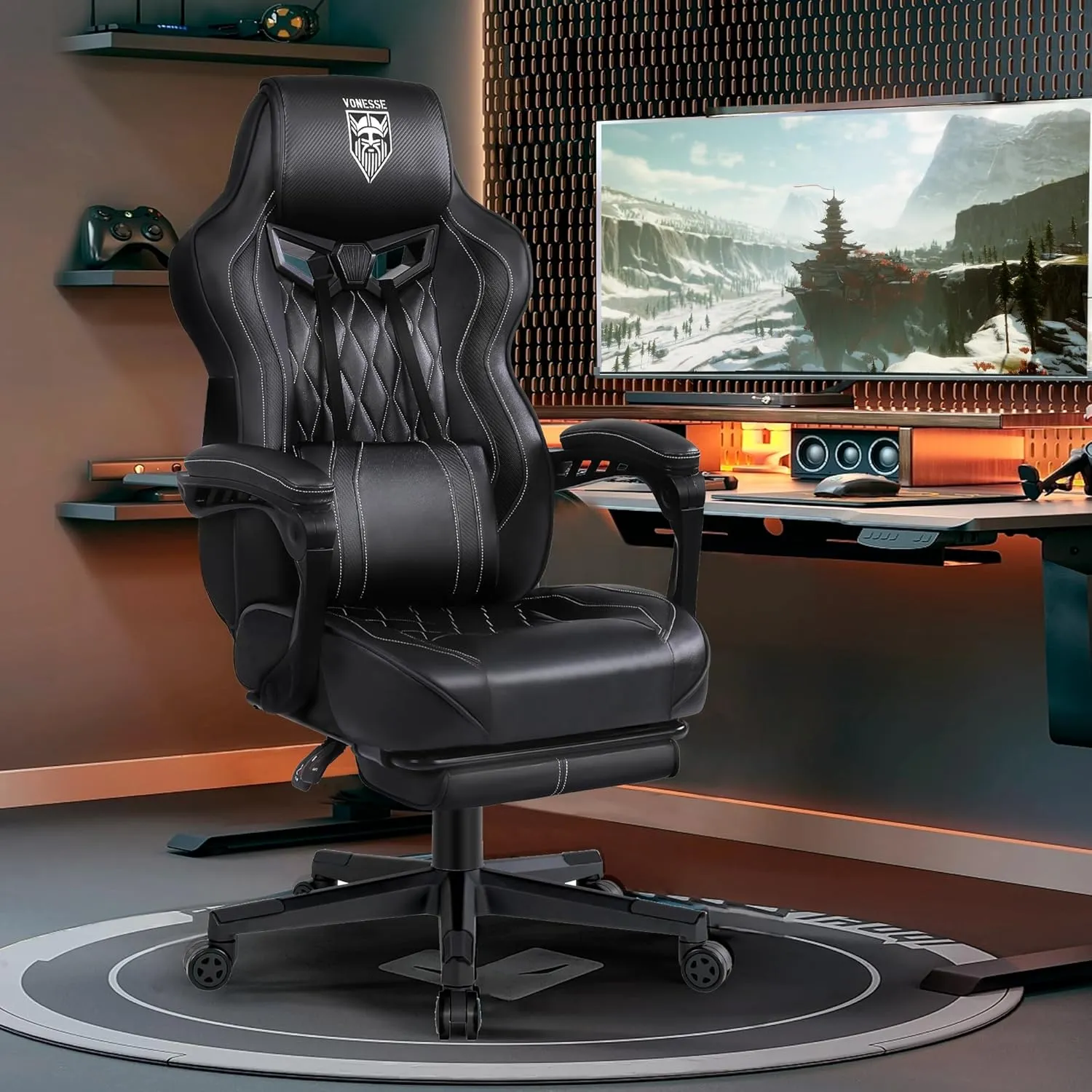 Vonesse Gaming Chair for Adults Gaming Chairs with Footrest Reclining Computer Gaming Chair for Heavy People Ergonomic Gamer Chair Big and Tall (Black)