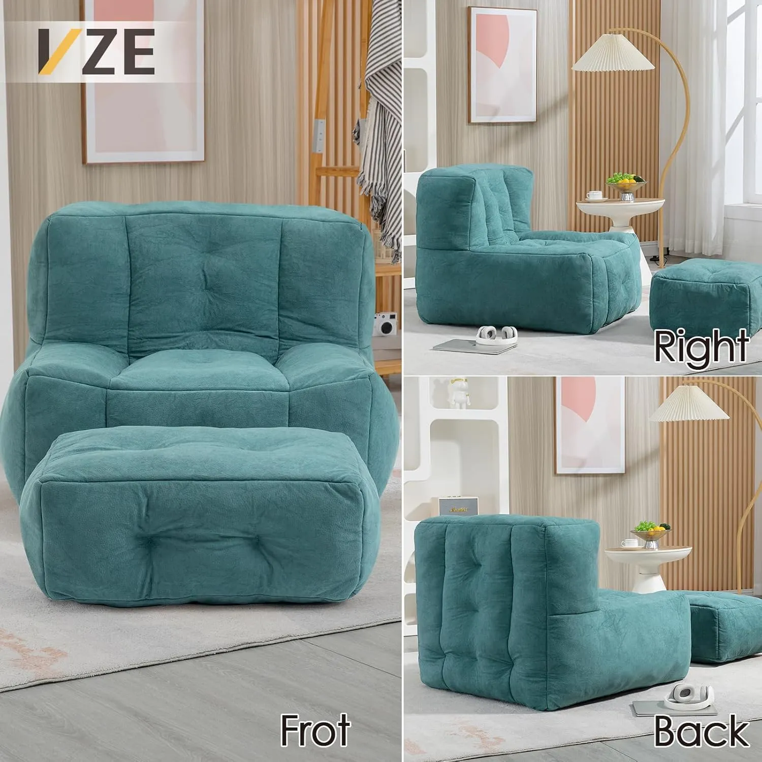 VZE Bean Bag Chair with Filler Included - Memory Foam Green Lounger for Adults Teens - Small Soft Beanbag Covers - Bean Bag Chairs for Classroom & Casual Occasions