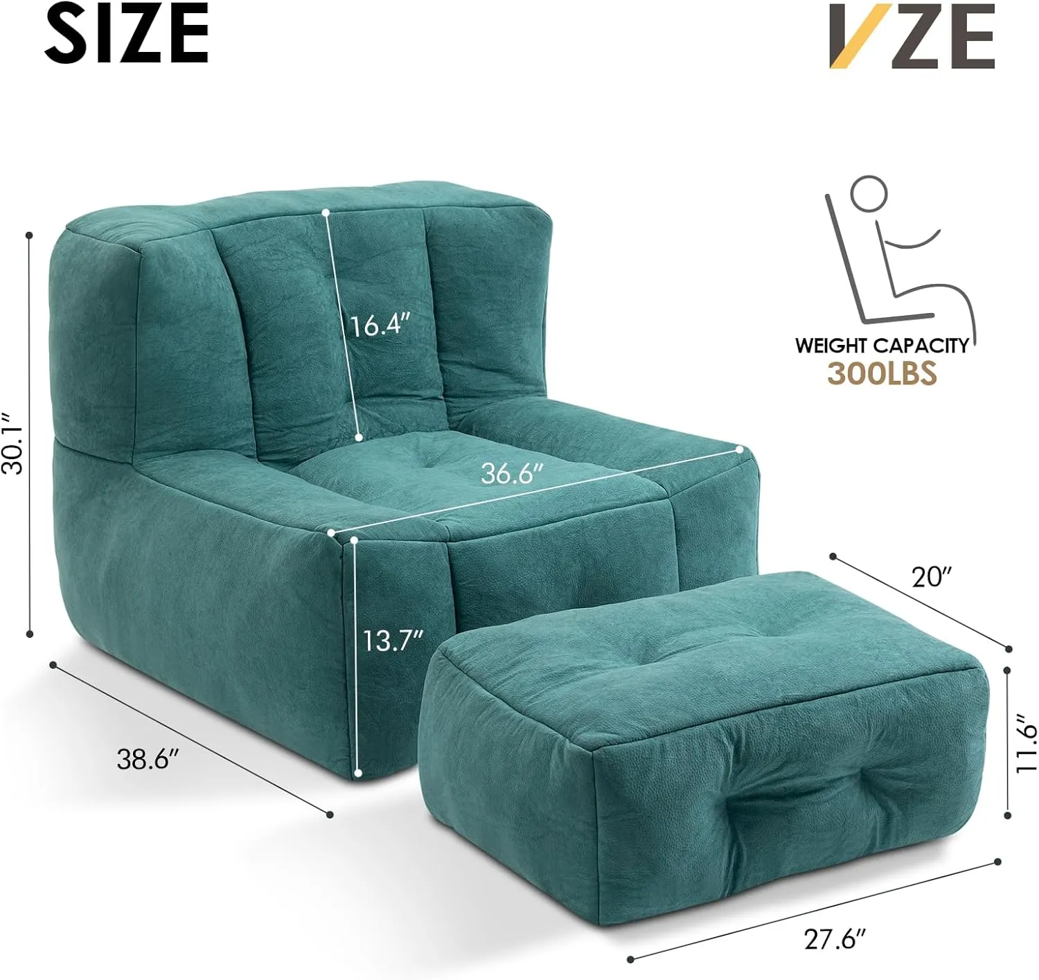 VZE Bean Bag Chair with Filler Included - Memory Foam Green Lounger for Adults Teens - Small Soft Beanbag Covers - Bean Bag Chairs for Classroom & Casual Occasions