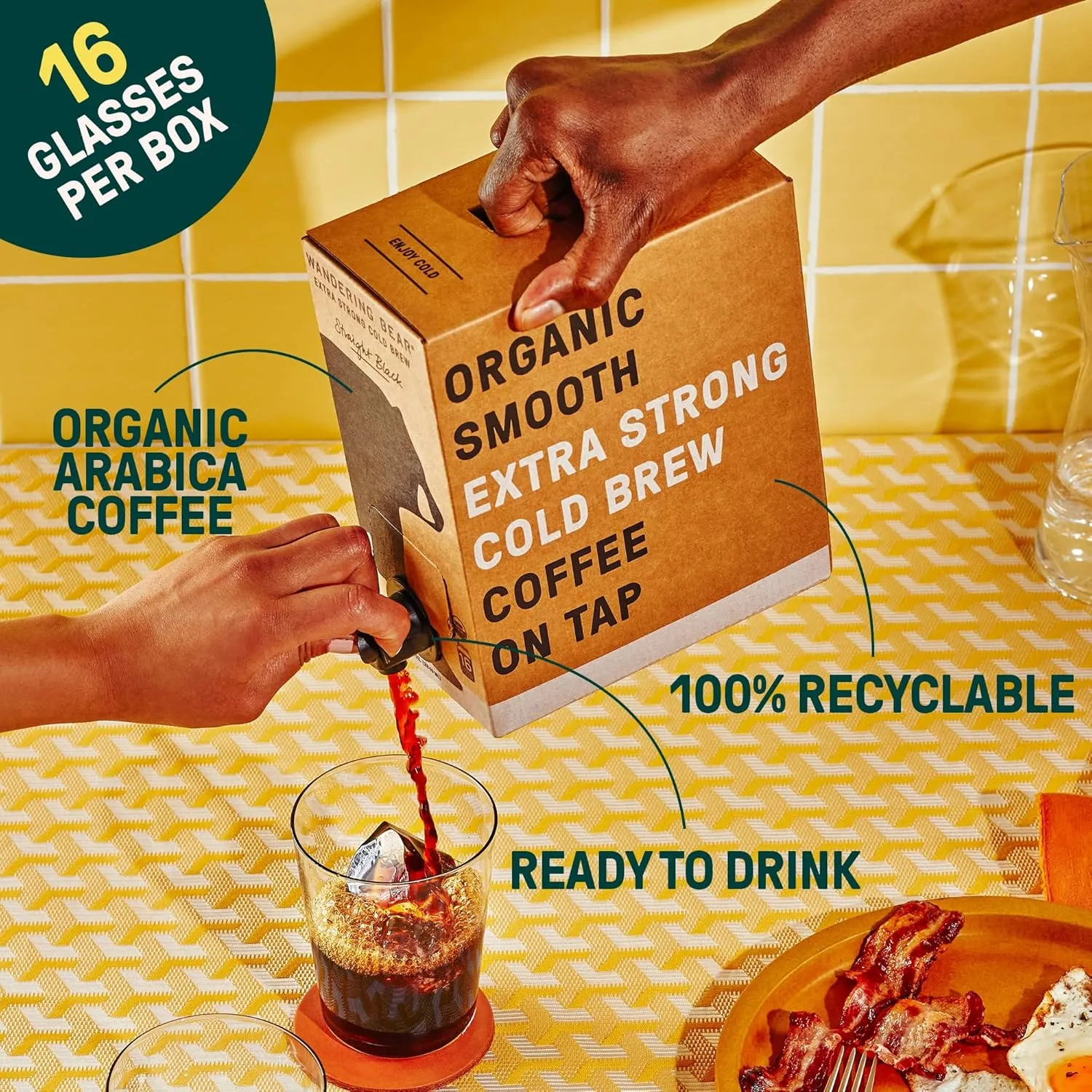Wandering Bear Straight Black Organic Cold Brew Coffee On Tap, 96 fl oz - Extra Strong, Bold, Smooth, Unsweetened, Shelf-Stable, Ready to Drink, 100% Organic, Iced Cold Brewed Coffee Drinks