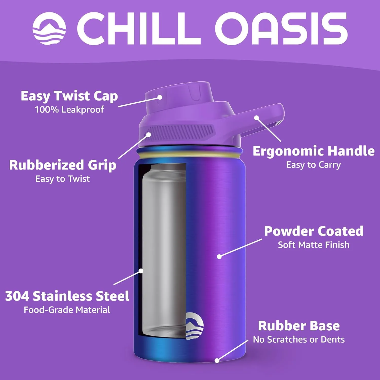 Water Bottle | Compatible With Popular Flavor Cartridges | BPA Free, Leak Proof, Double-Walled Vacuum Insulated Stainless Steel, and Dishwasher Safe | Cold for 24 Hours (Aura, 12oz)