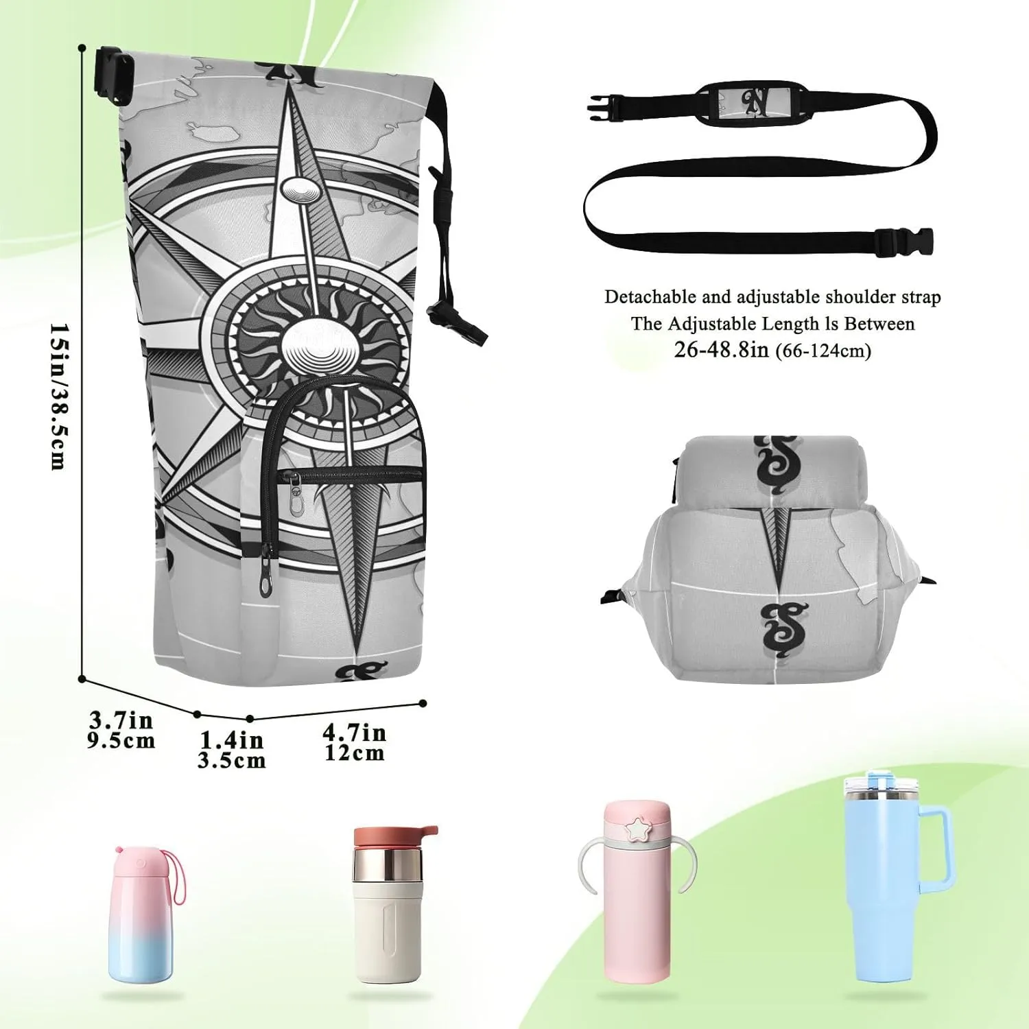 Water Bottle Sling Sleeve Bag, Bottle Carrier Holder Case Cover with Removable Strap Travel Cup Mug Storage with Pockets Grasses Classic Vintage Wind Compass Rose on Map Background