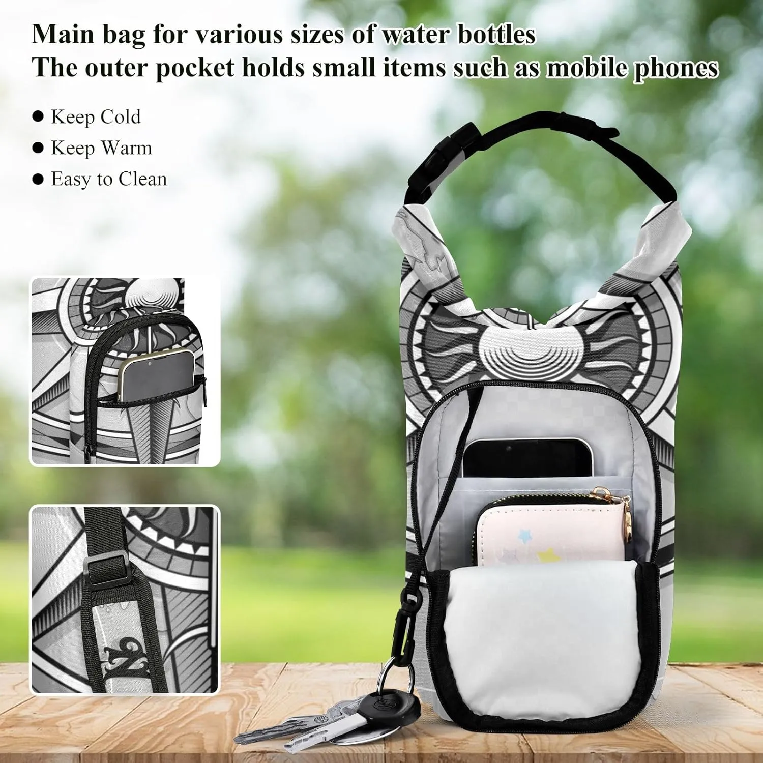 Water Bottle Sling Sleeve Bag, Bottle Carrier Holder Case Cover with Removable Strap Travel Cup Mug Storage with Pockets Grasses Classic Vintage Wind Compass Rose on Map Background