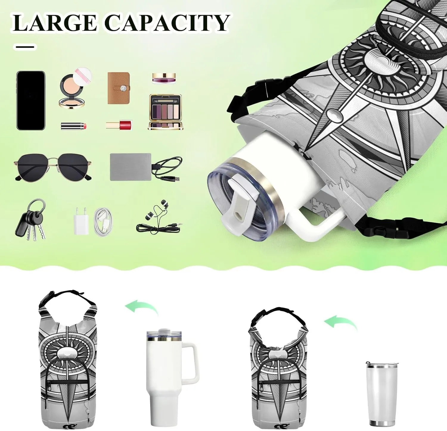 Water Bottle Sling Sleeve Bag, Bottle Carrier Holder Case Cover with Removable Strap Travel Cup Mug Storage with Pockets Grasses Classic Vintage Wind Compass Rose on Map Background