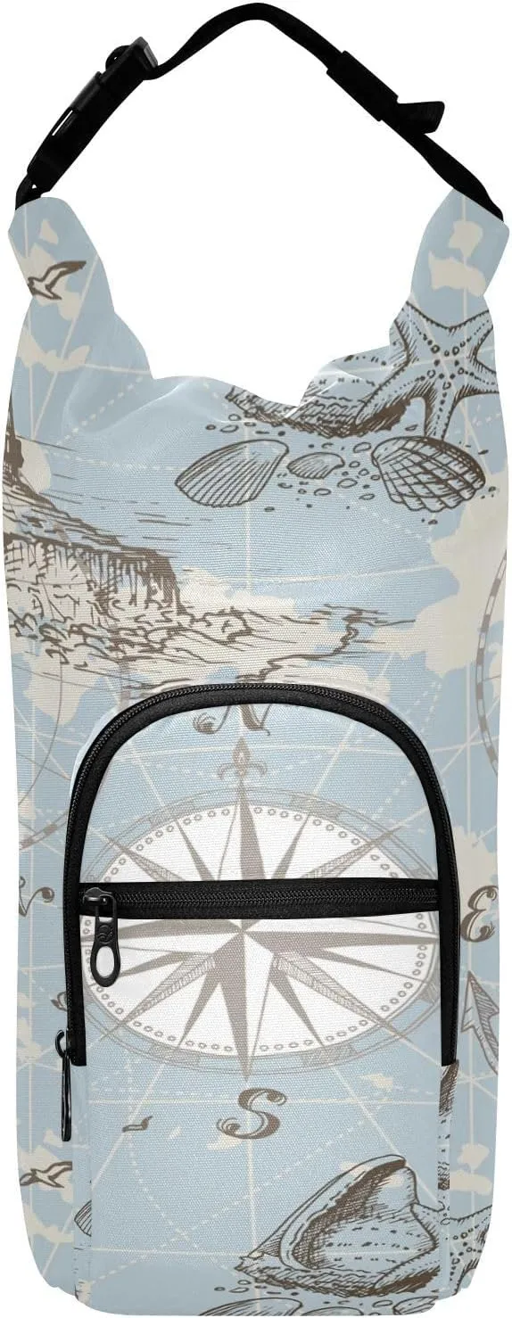 Water Bottle Sling Sleeve Bag, Bottle Carrier Holder Case Cover with Removable Strap Travel Mug Cup Storage with Pockets Print Sea Map with Compass Lighthouse Anchor Seashells