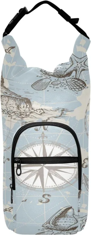 Water Bottle Sling Sleeve Bag, Bottle Carrier Holder Case Cover with Removable Strap Travel Mug Cup Storage with Pockets Print Sea Map with Compass Lighthouse Anchor Seashells