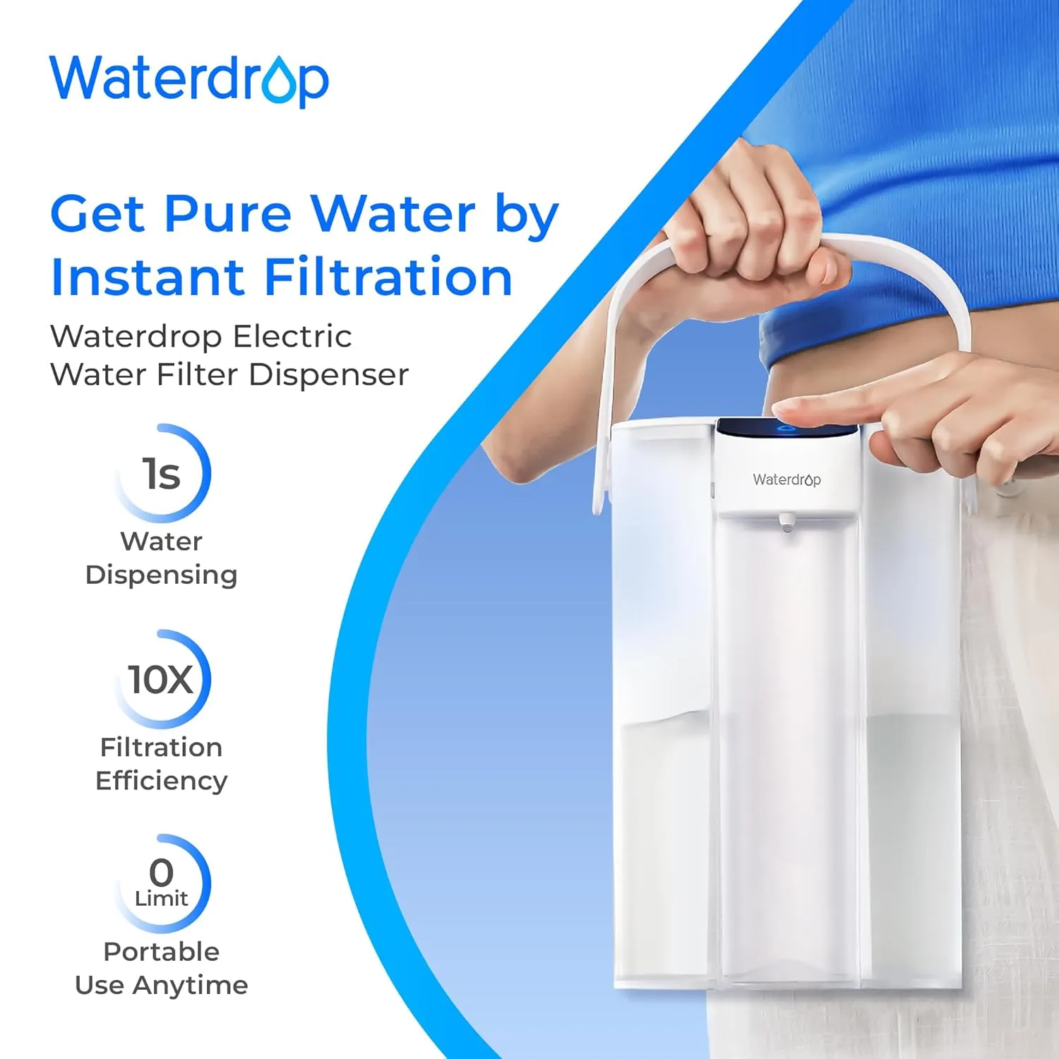 Waterdrop Electric Water Filter Pitcher, Reduce 99.6% of Lead and 45  Impurities, 200-Gallon Rechargeable Water Dispenser, Instant 15-Cup Countertop System, NSF/ANSI 401&53&42&372, NOT Reduce TDS