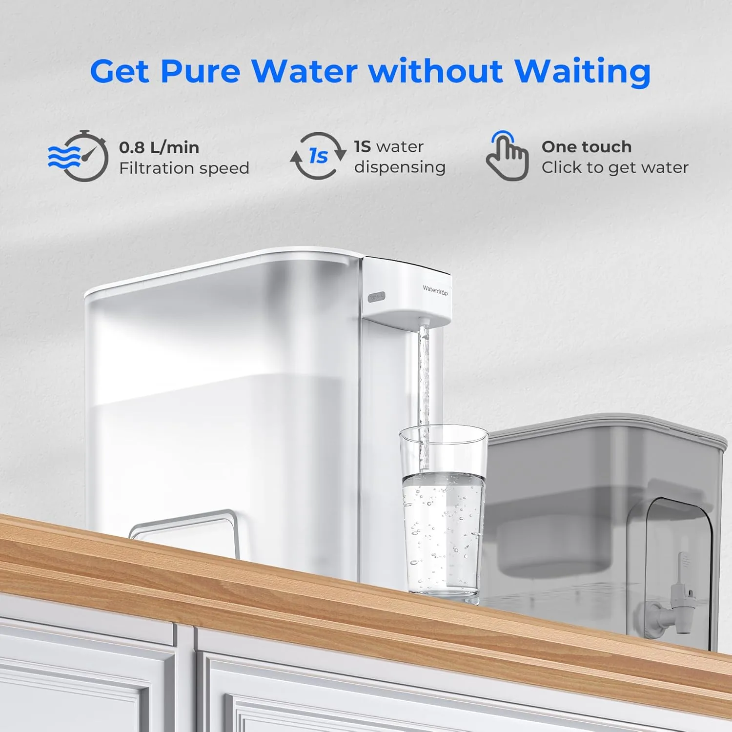 Waterdrop Large 27-Cup Mega Electric Water Filter Dispenser, 200-Gallon Rechargeable Instant System, NSF/ANSI 42&53&401&372, Reduce PFAS, Lead, Chlorine, with 1 Filter, White, Does not Lower TDS
