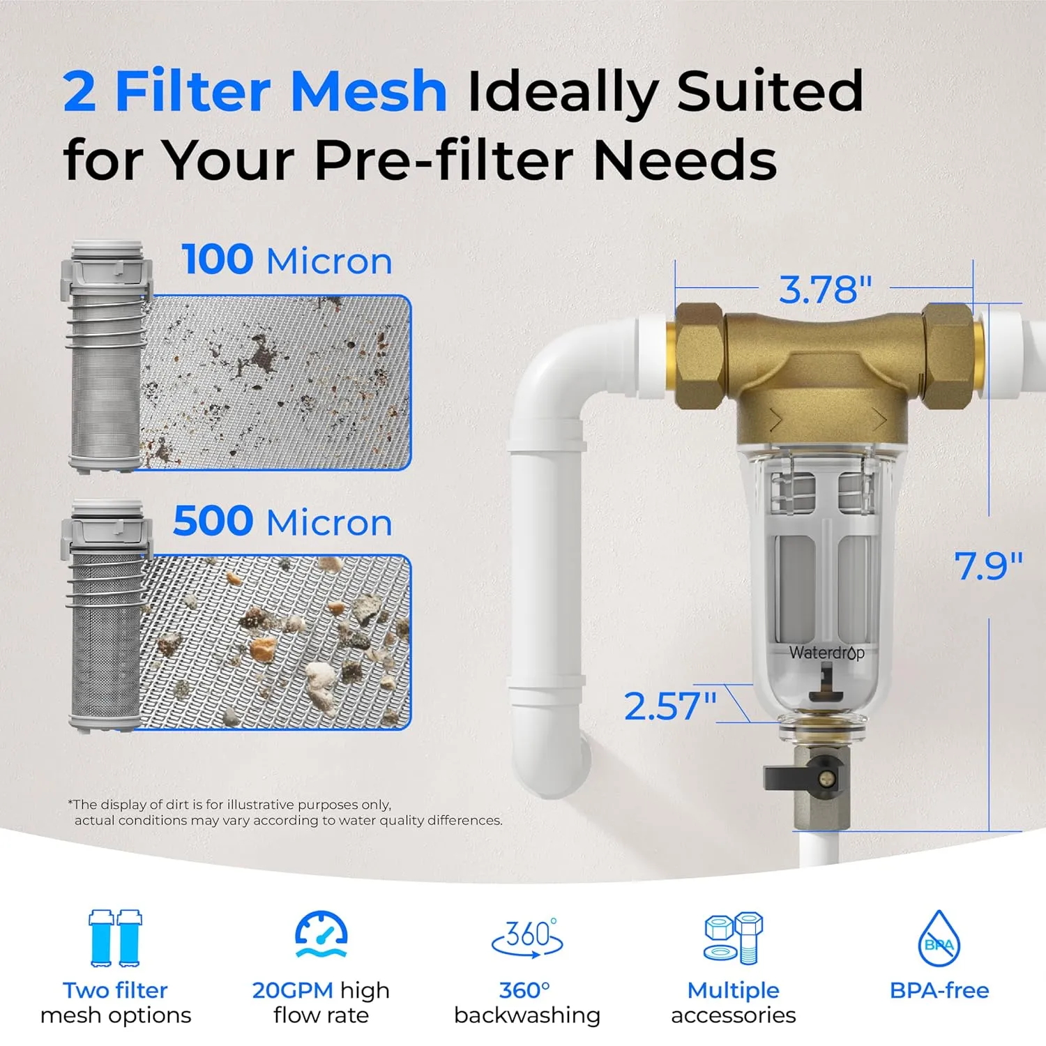 Waterdrop Spin Down Sediment Filter, Backwash Whole House Water Filter System for City/Well Water, 100 Micron 500 Micron, 1" MNPT   3/4" FNPT   3/4" MNPT, Traps Sand, BPA Free