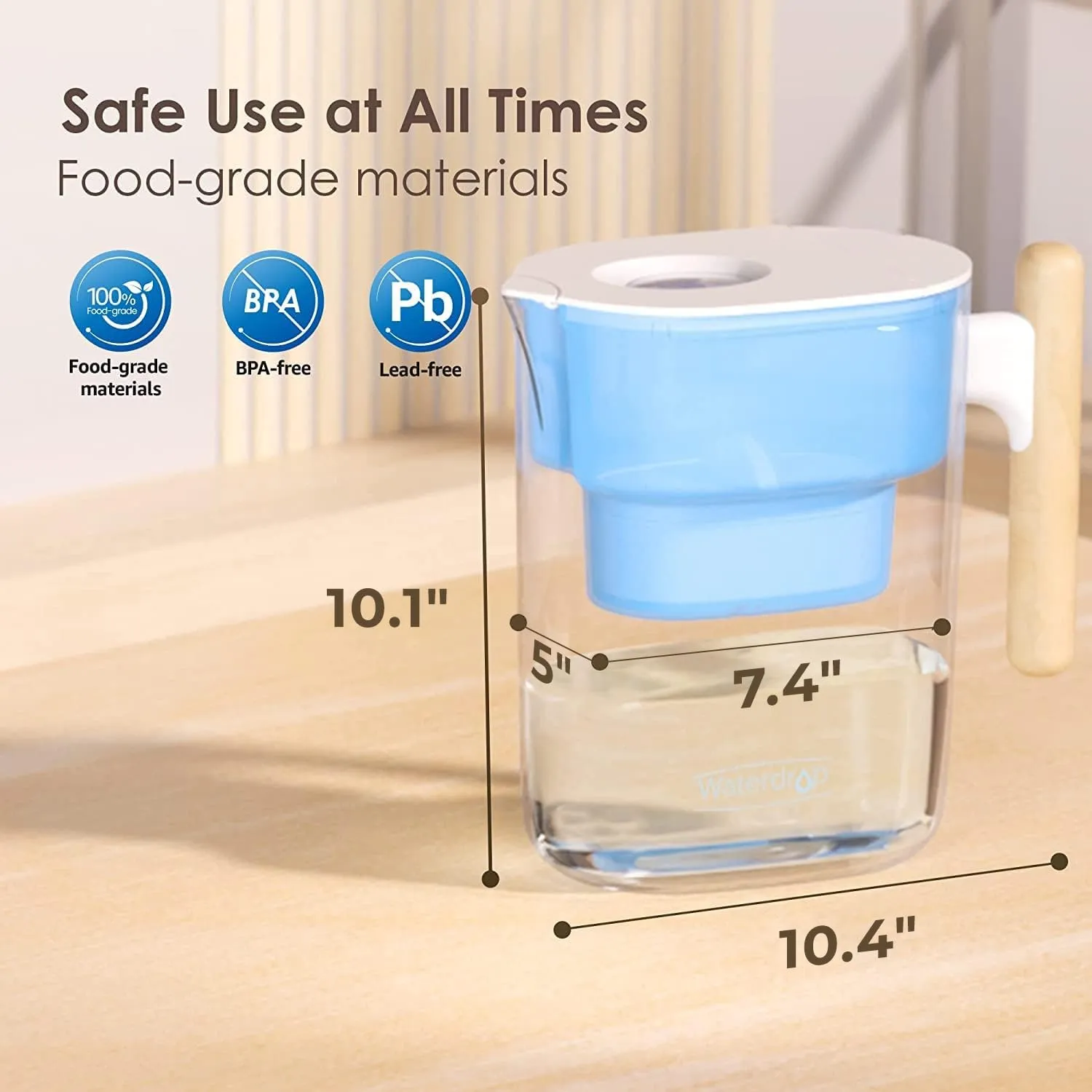Waterdrop Water Filter Pitcher with 1 Filter, 200-Gallon Long-Life, Chubby 10-Cup Large Water Filter Pitcher, NSF Certified, 5X Times Lifetime, Reduces PFOA/PFOS, BPA Free, Blue