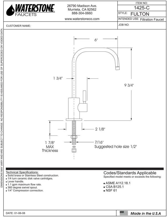 Waterstone 1425H-SS Fulton Hot Only Filtration Faucet Stainless Steel