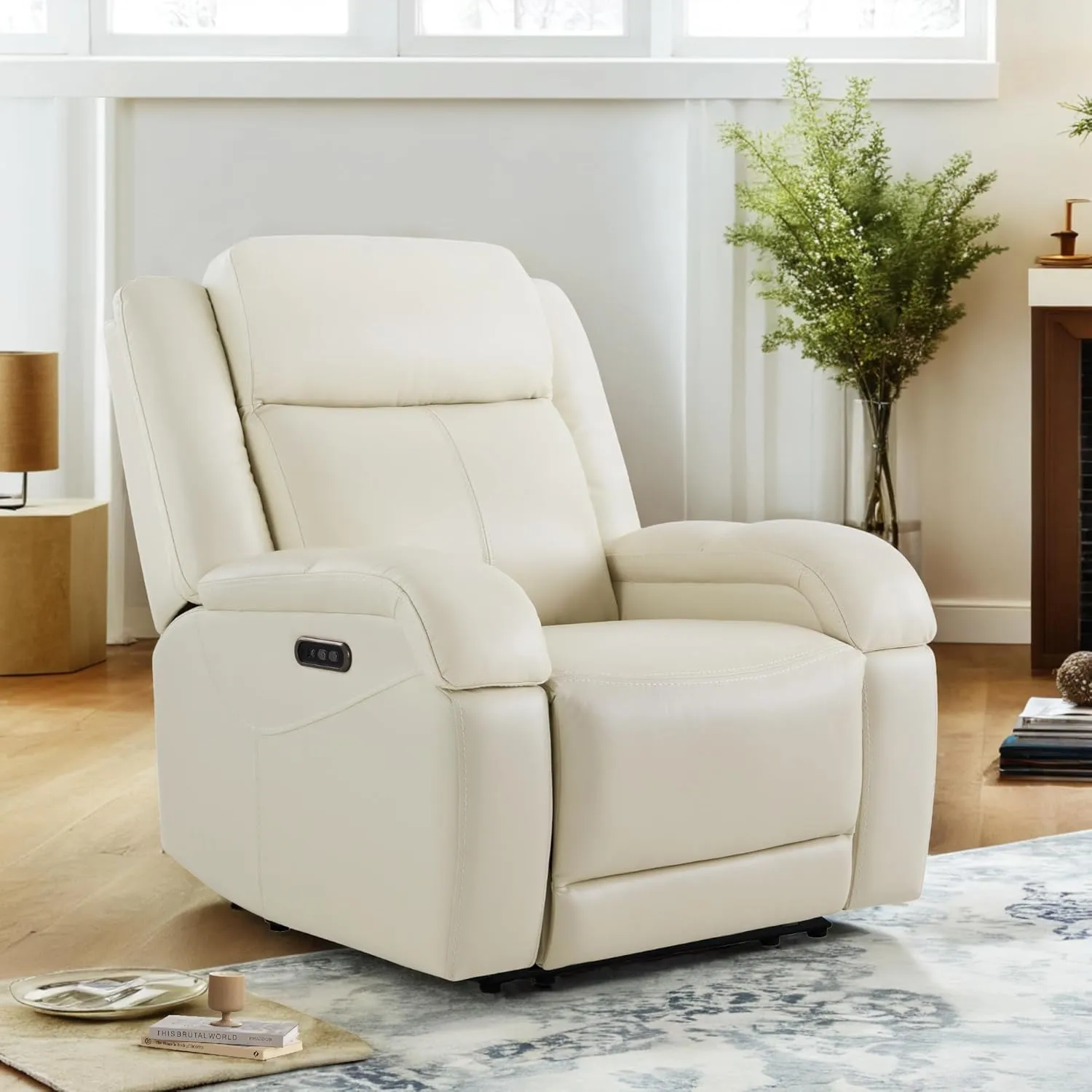 Watson & Whitely Genuine Leather Power Recliner Chairs for Adults, Wall Hugger RV Recliner with Power Headrest & Charging Ports, Electric Recliner Sofa Chair for Living Room, Cream