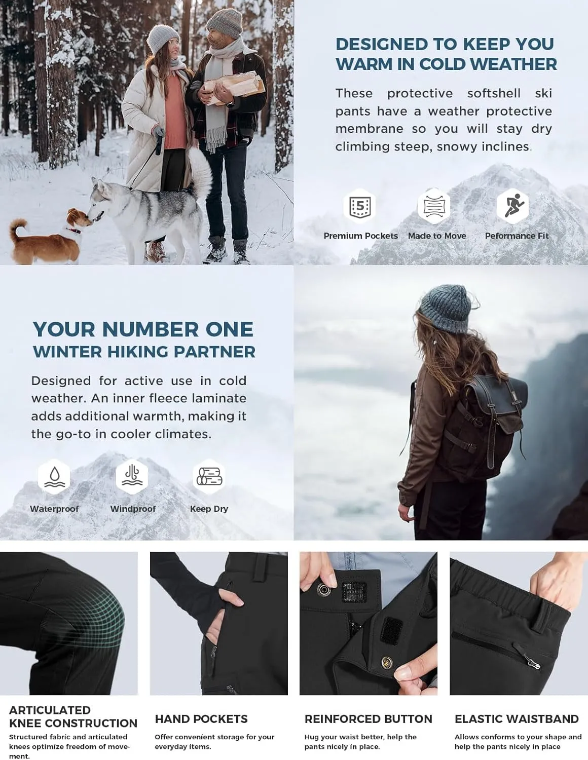 Wespornow Women's-Fleece-Lined-Hiking-Pants Snow-Ski-Pants Water-Resistance-Outdoor-Softshell-Insulated-Pants for Winter