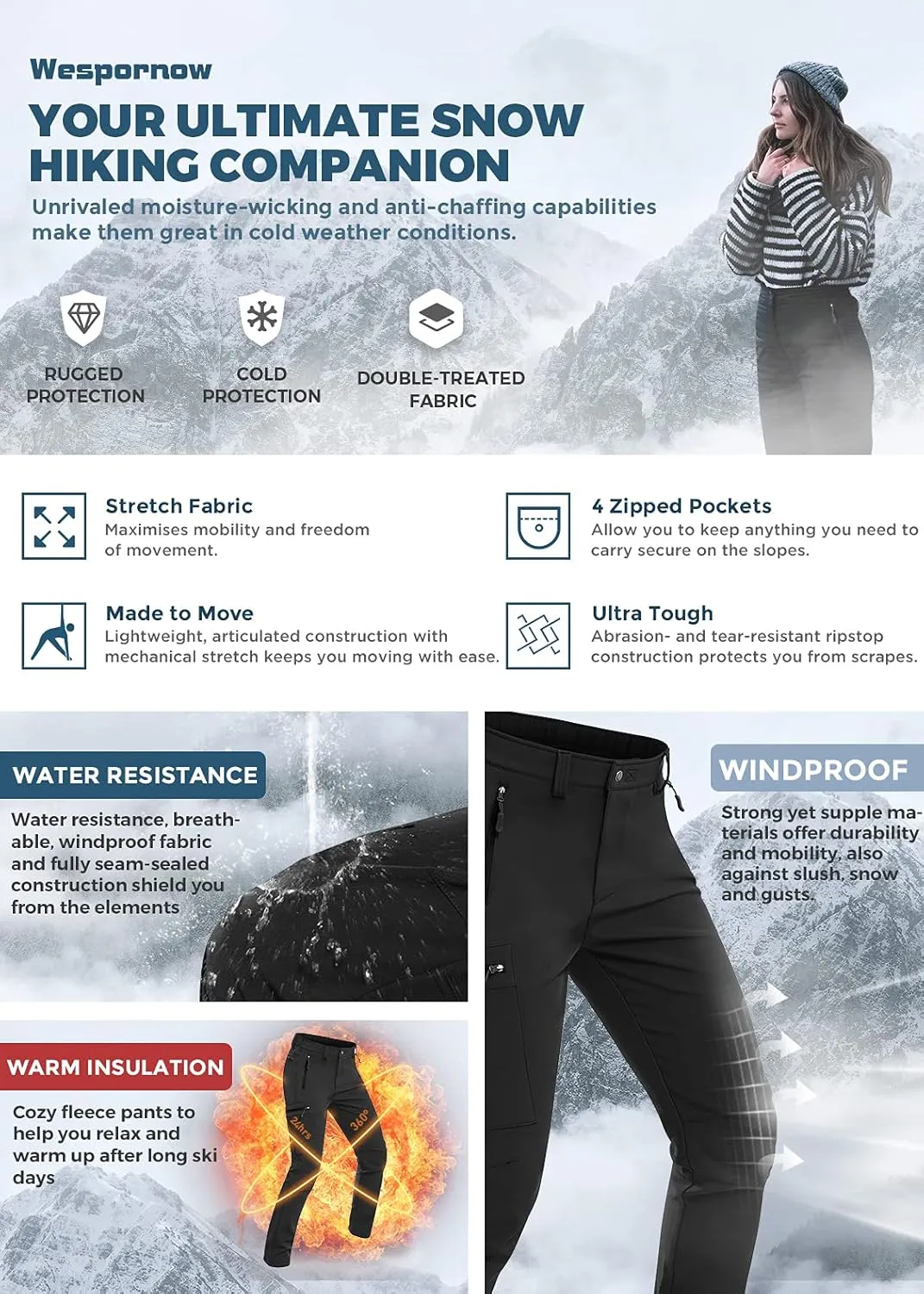 Wespornow Women's-Fleece-Lined-Hiking-Pants Snow-Ski-Pants Water-Resistance-Outdoor-Softshell-Insulated-Pants for Winter
