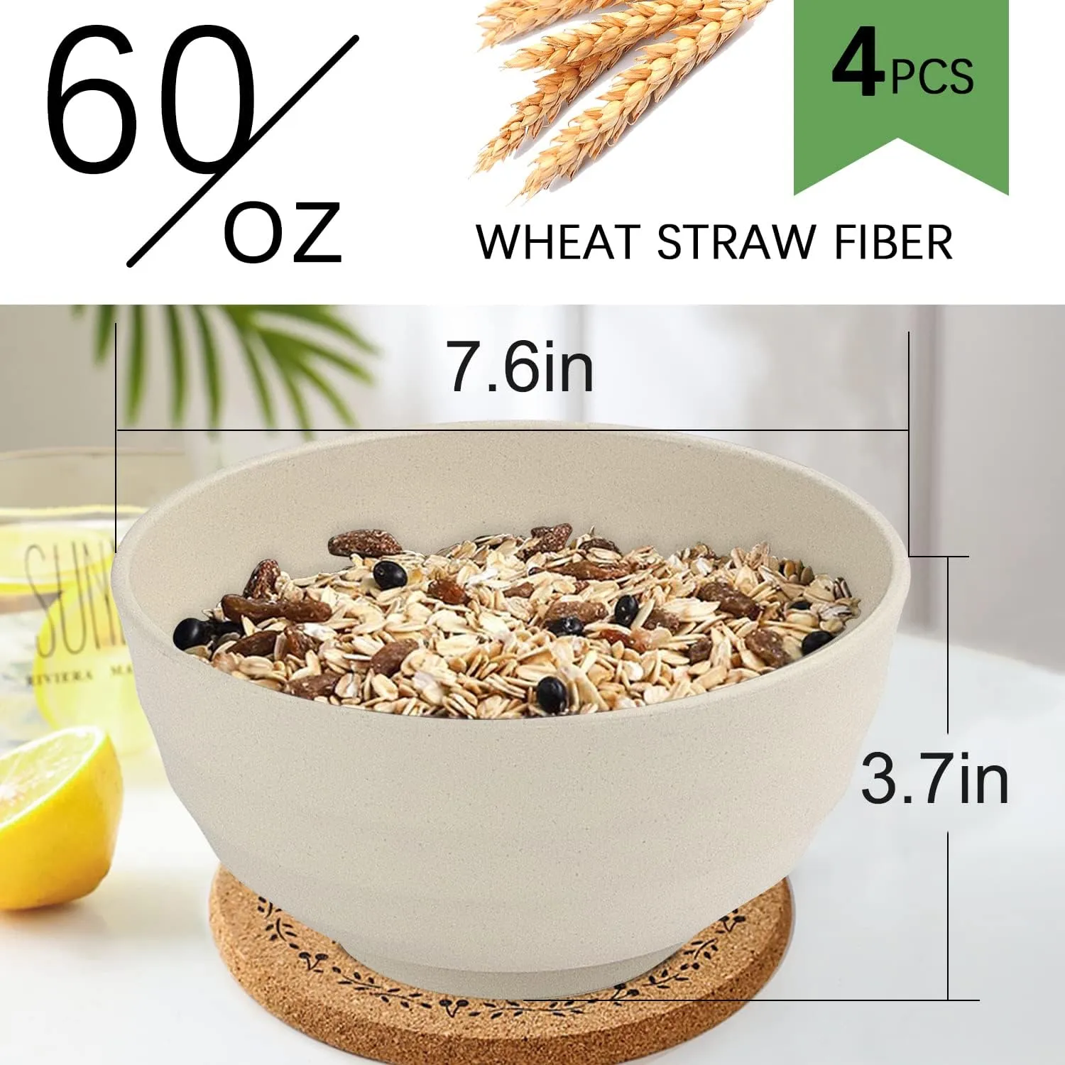 Wheat Straw Bowl Sets,4 PCS Unbreakable Cereal Bowl 60 OZ，Microwave and Dishwasher Safe Bowls,Super Big Bowl Sets BPA Free Bowls for Serving Soup,Oatmeal and Salad Etc…