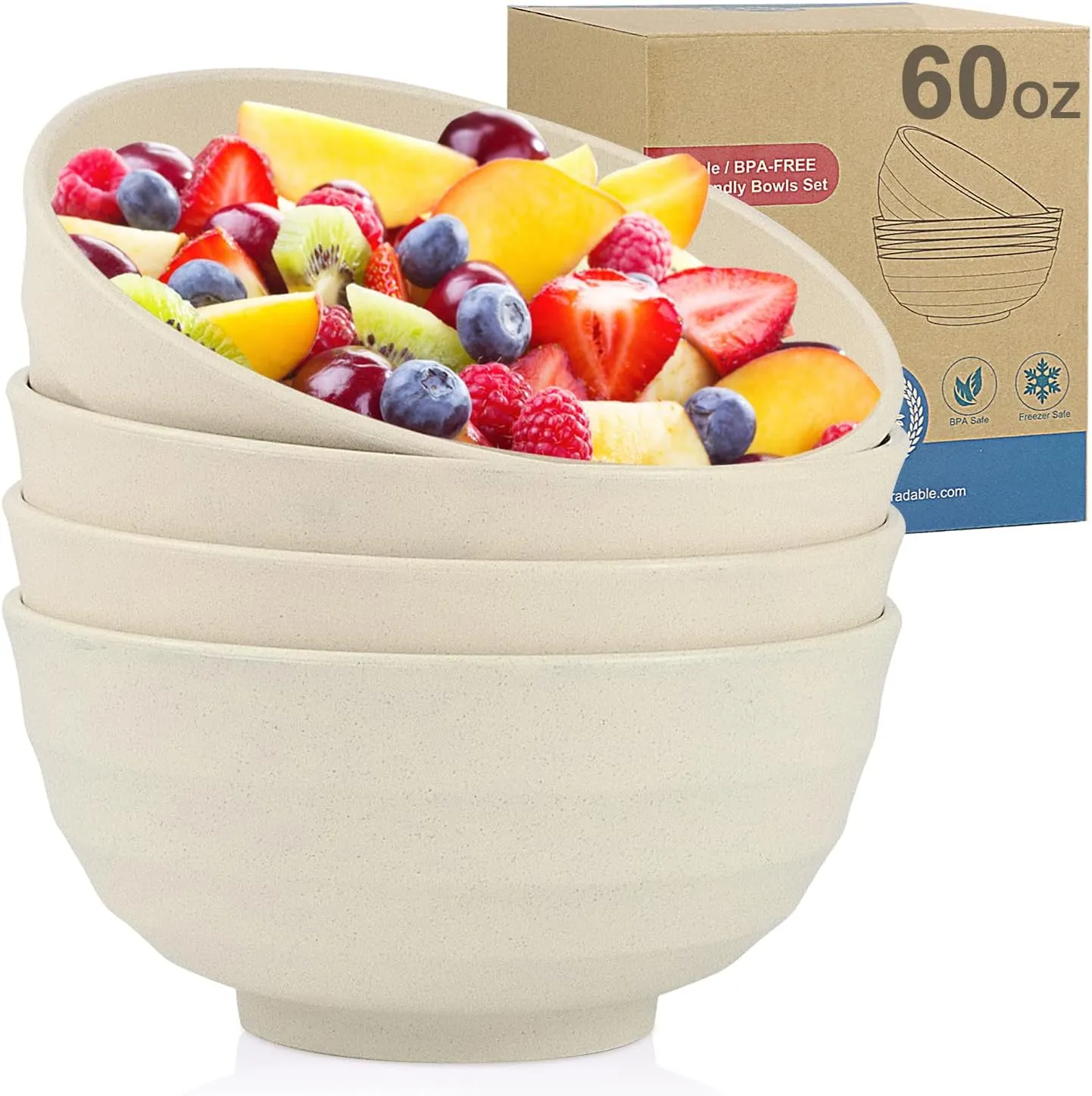 Wheat Straw Bowl Sets,4 PCS Unbreakable Cereal Bowl 60 OZ，Microwave and Dishwasher Safe Bowls,Super Big Bowl Sets BPA Free Bowls for Serving Soup,Oatmeal and Salad Etc…