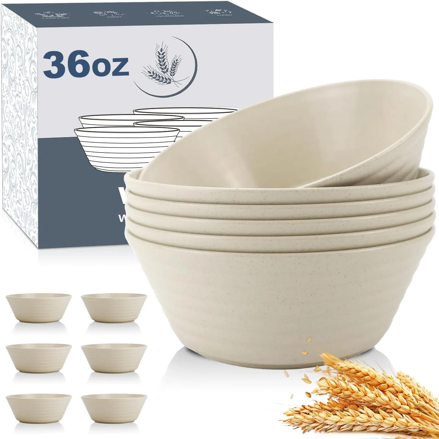 Wheat Straw Bowl Sets,6 PCS Unbreakable Cereal Bowl 36 OZ,Microwave and Dishwasher Safe Bowls,Soup Bowl Sets for Serving Soup,Oatmeal and Salad （Beige）