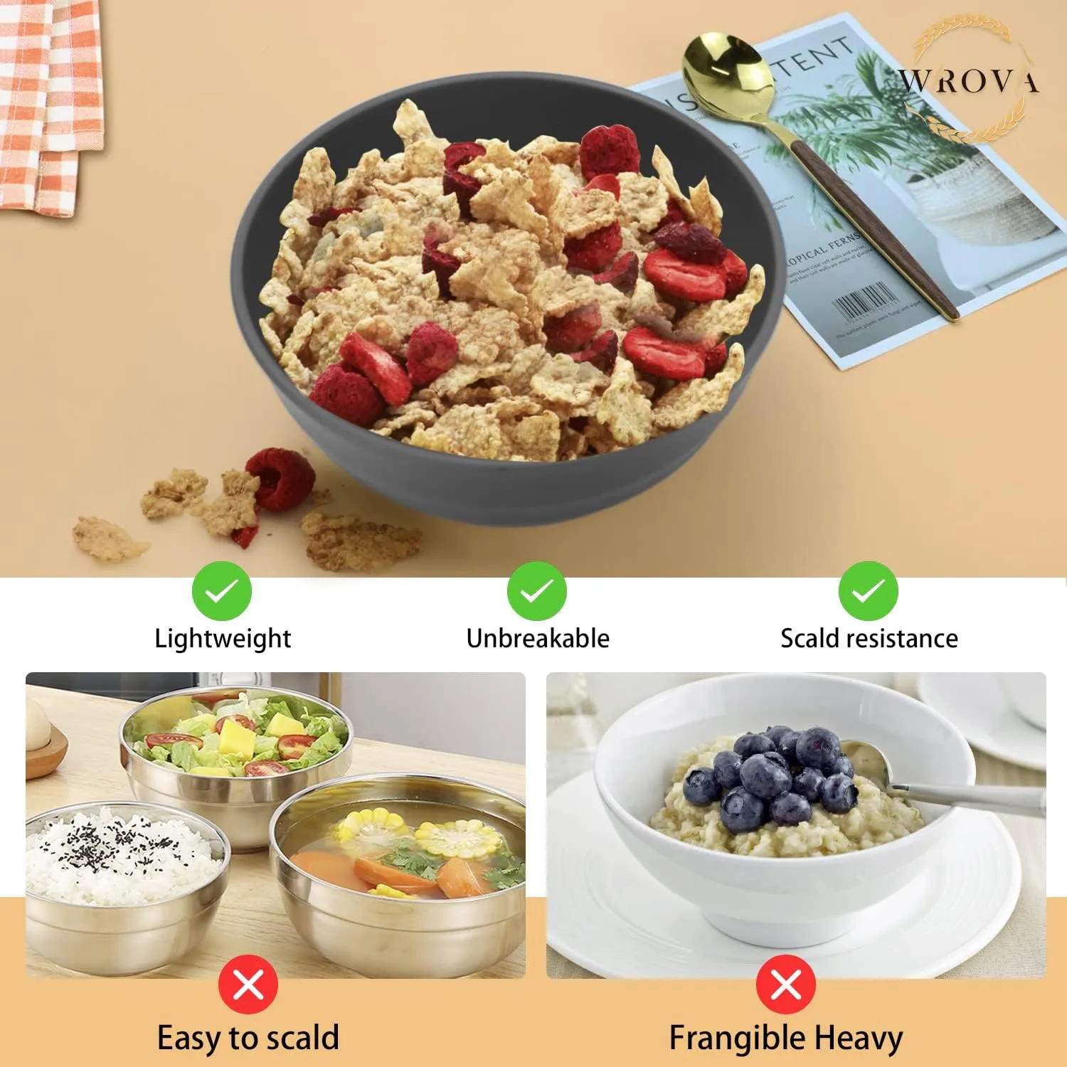 Wheat Straw Bowls Set 60 OZ Unbreakable Large Cereal Bowls Set of 6 Microwave and Dishwasher Safe Bowls Big Bowls for Apartment and Dorm BPA Free Soup Bowl for Serving Oatmeal and Salad (Deep Gray)