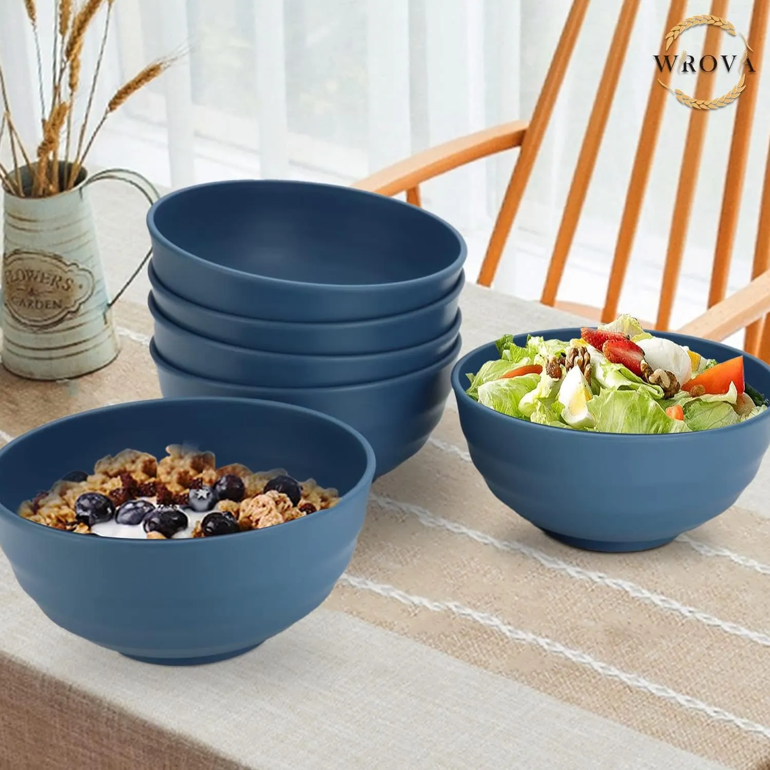 Wheat Straw Bowls Set 60 OZ Unbreakable Large Cereal Bowls Set of 6 Microwave and Dishwasher Safe Bowls Big Bowls for Camping and Party BPA Free Soup Bowl for Serving Oatmeal and Salad (Blue)