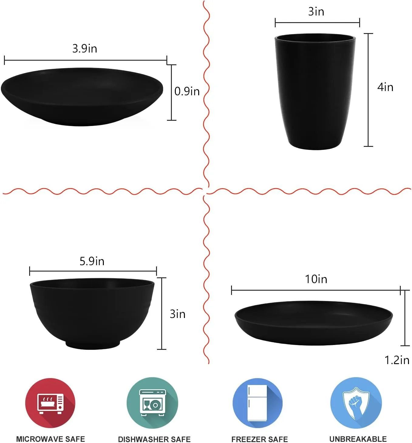 Wheat straw dinnerware set of 28 - Bowls and Plates Set for Dorm - Microwave and Dishwasher safe dish sets for kitchen,camping,indoors and out doors.Black