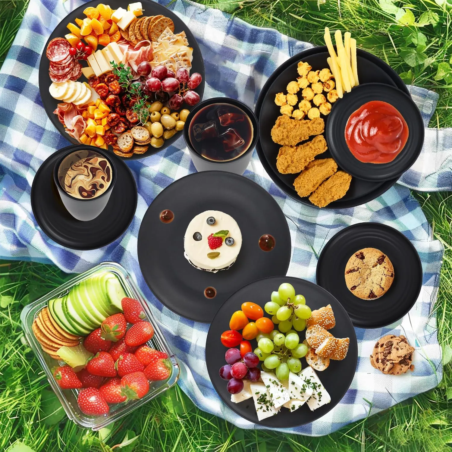 Wheat Straw Dinnerware Set of 40 Pieces - 10" & 9" Plates, 6" Snack Plates, 26oz & 12oz Bowls & Cups - Unbreakable, Microwave & Dishwasher Safe - Black