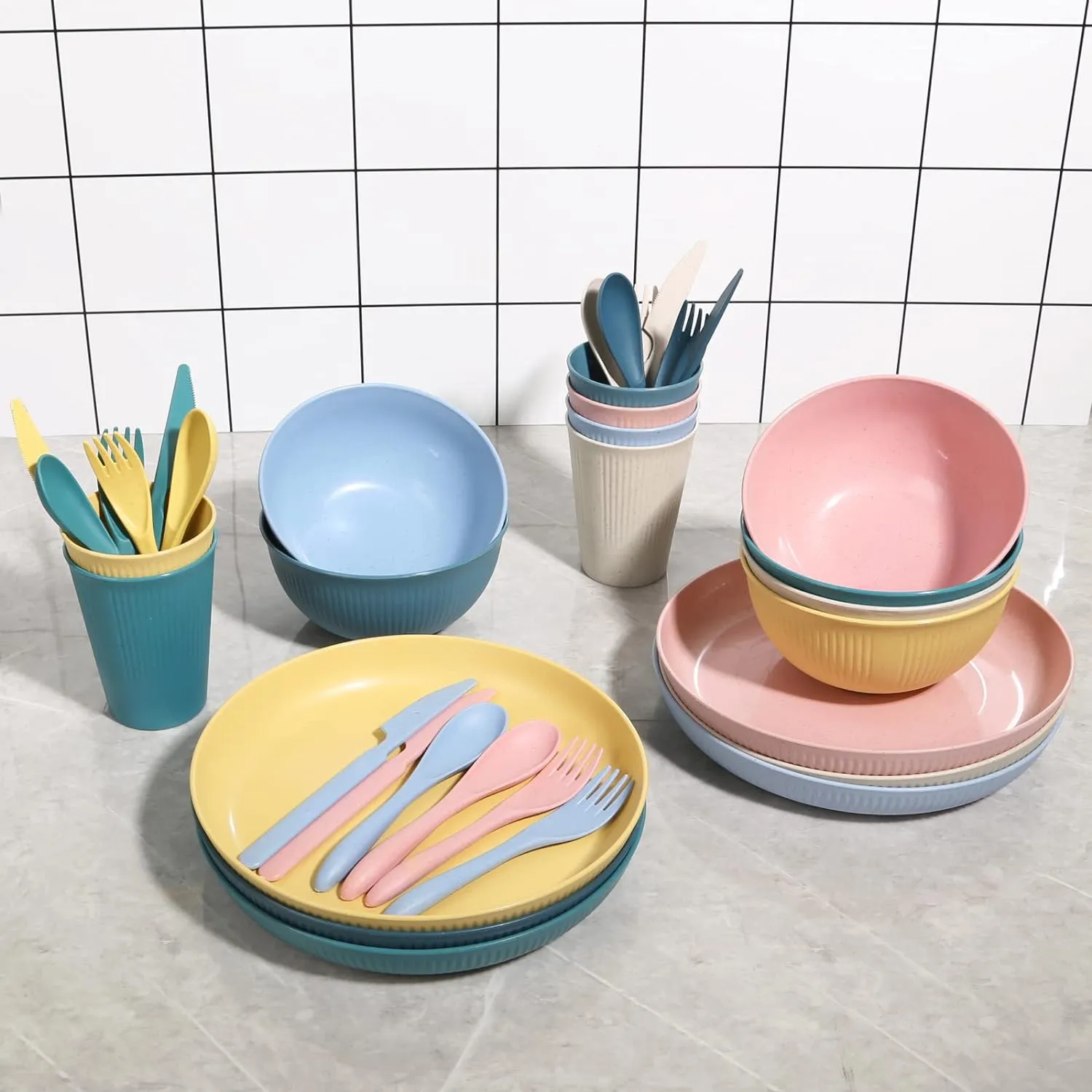 Wheat Straw Dinnerware Sets -DAPIPIK 36 Piece Unbreakable Dinnerware Sets for 6, Wheat Straw Plates and Bowls Set, Lightweight Camping Plates Cups and Bowls Set.Dishwasher Microwave Safe Dinnerware