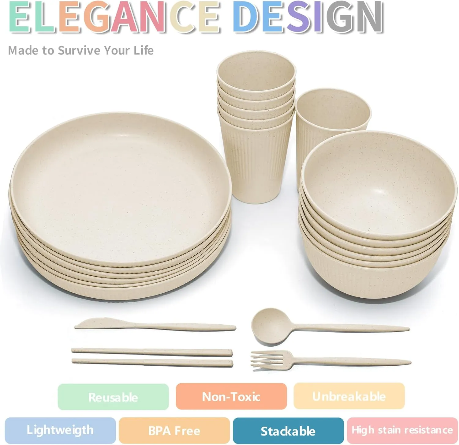Wheat Straw Dinnerware Sets -DAPIPIK 42 Piece Unbreakable Dinnerware Sets for 6, Kitchen Plates and Bowls Set, Lightweight Camping Plates Cups and Bowls Set.Dishwasher Microwave Safe Dinnerware