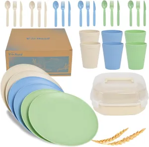 Wheat Straw Dinnerware Sets for 6, 31 Piece Unbreakable Outdoor Cutlery Set. Reusable plates and cups set for camping, picnics, RV trips, and party grills. (Beige&Blue&Green)