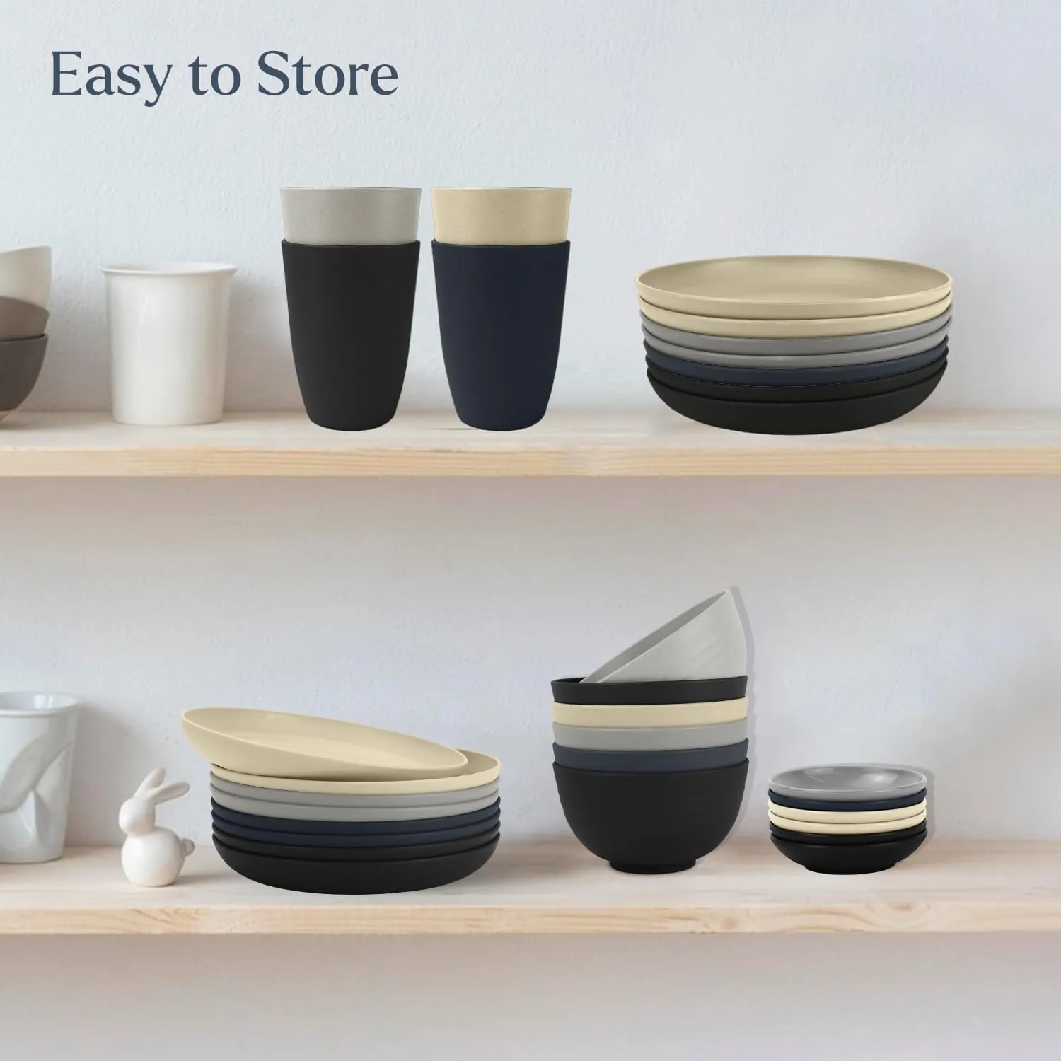 Wheat straw plates and bowls sets of 16 - Unbreakable wheat straw dinnerware sets for camping - Dishwasher safe and Freezer safe Dishes. Black & Grey