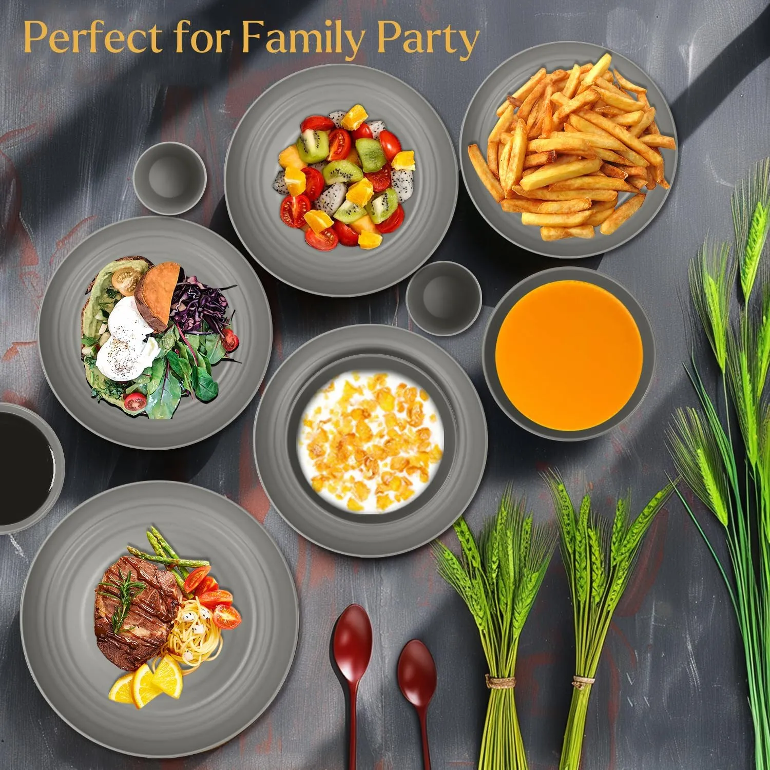 Wheat straw plates and bowls sets of 16 - Unbreakable wheat straw dinnerware sets for party - Alternative plastic dinnerware set for camping,party and R.V. Grey