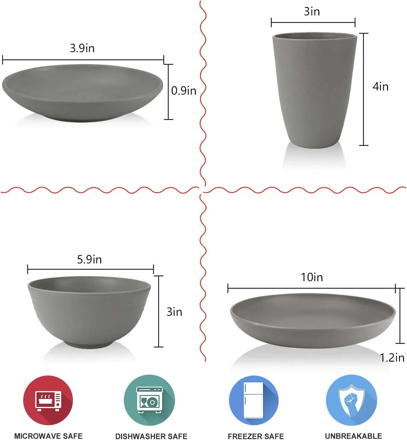 Wheat straw plates and bowls sets of 16 - Unbreakable wheat straw dinnerware sets for party - Alternative plastic dinnerware set for camping,party and R.V. Grey