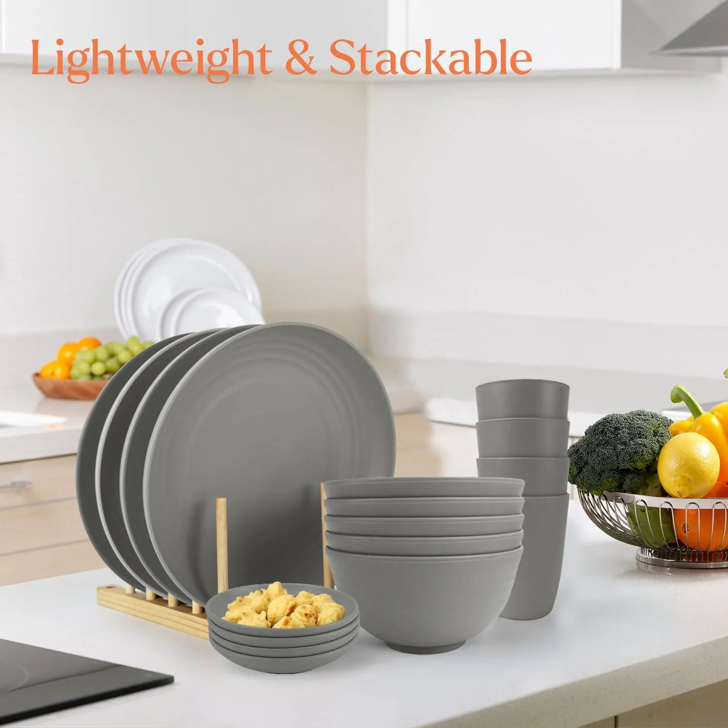 Wheat straw plates and bowls sets of 16 - Unbreakable wheat straw dinnerware sets for party - Alternative plastic dinnerware set for camping,party and R.V. Grey