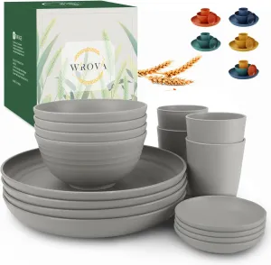 Wheat straw plates and bowls sets of 16 - Unbreakable wheat straw dinnerware sets for party - Alternative plastic dinnerware set for camping,party and R.V. Grey