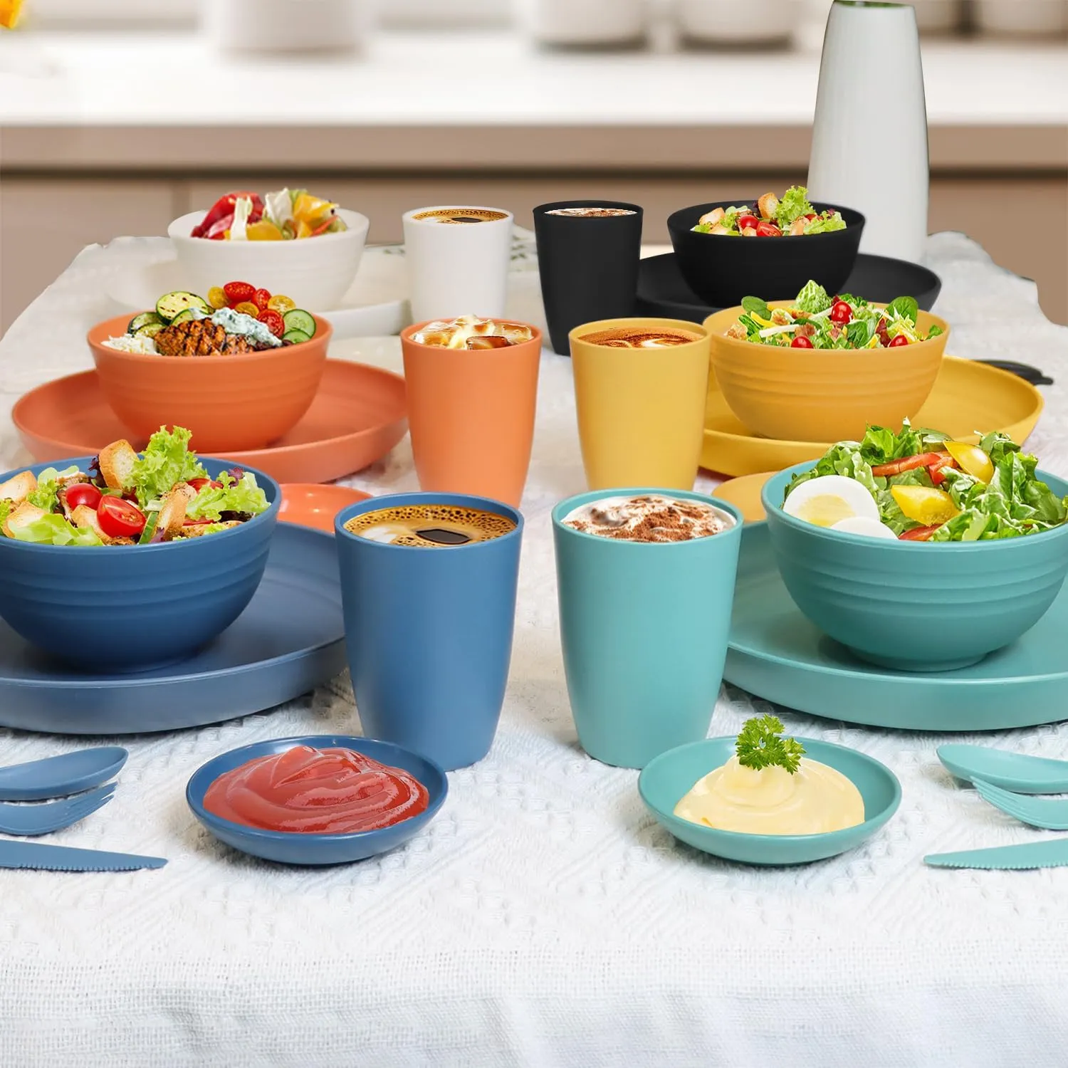 Wheat straw plates and bowls sets with cutlery - Unbreakable wheat straw dinnerware sets - Dishwasher safe plates,bowls,cups for apartment.Blue