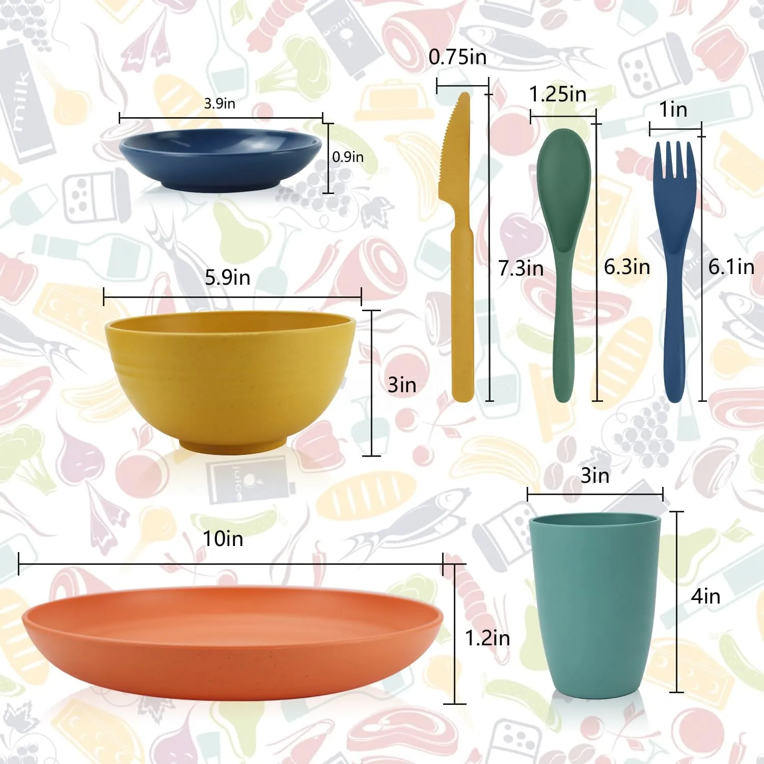 Wheat straw plates and bowls sets with cutlery - Unbreakable wheat straw dinnerware sets of 28 - Microwave safe plates,bowls,cups for camping,kitchen,new apartment.Colorful